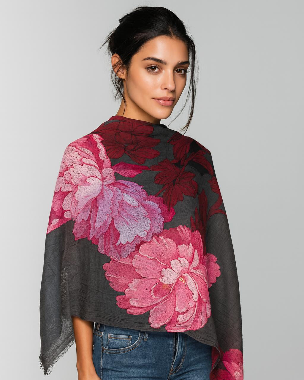 QUEENMARK | AN Printed Shawl 2024 Assorted Grey Pink Flower