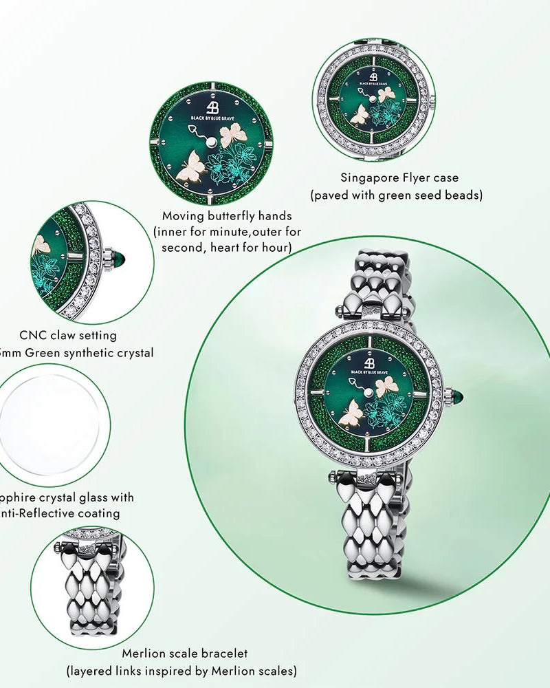 BLACK BY BLUE BRAVE | Butterfly Lovers 34mm Green Dial Moving Butterfly Hands Silver Bracelet Watch