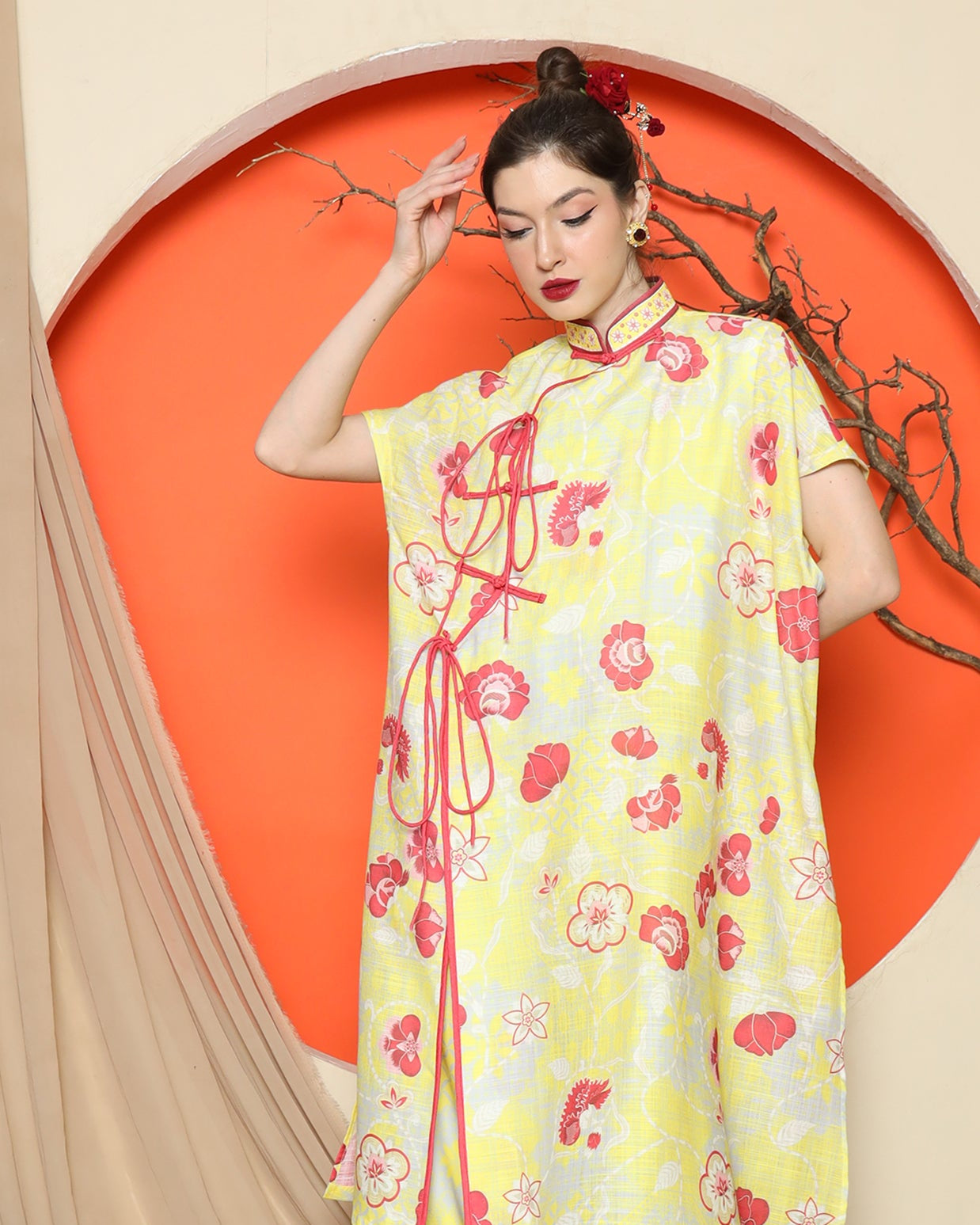 KANZI COLLECTION | Yellow Oriental Floral Cheongsam Pant Set