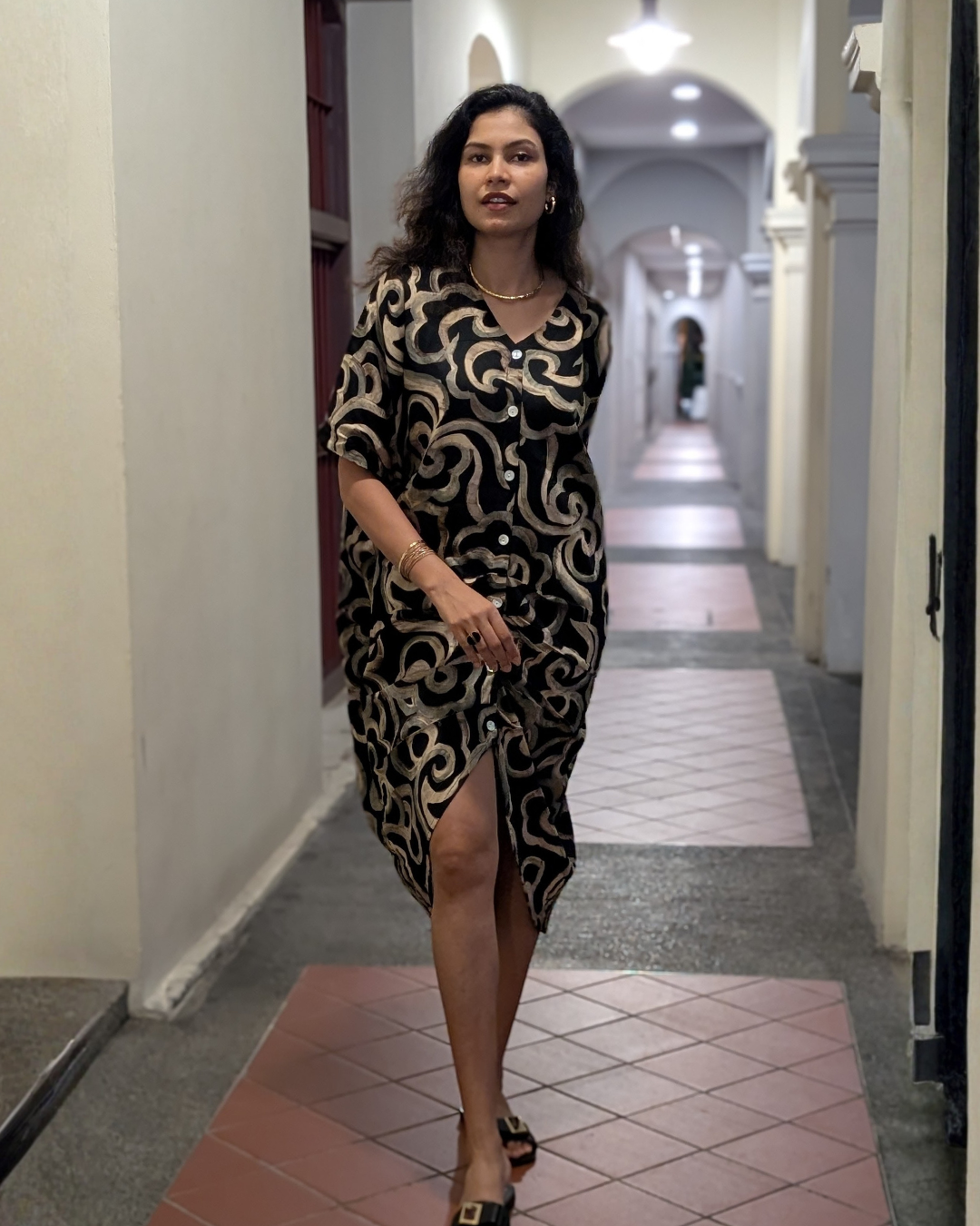 NIMBU | Mira Noir Black Women Ruched Kaftan In Cotton