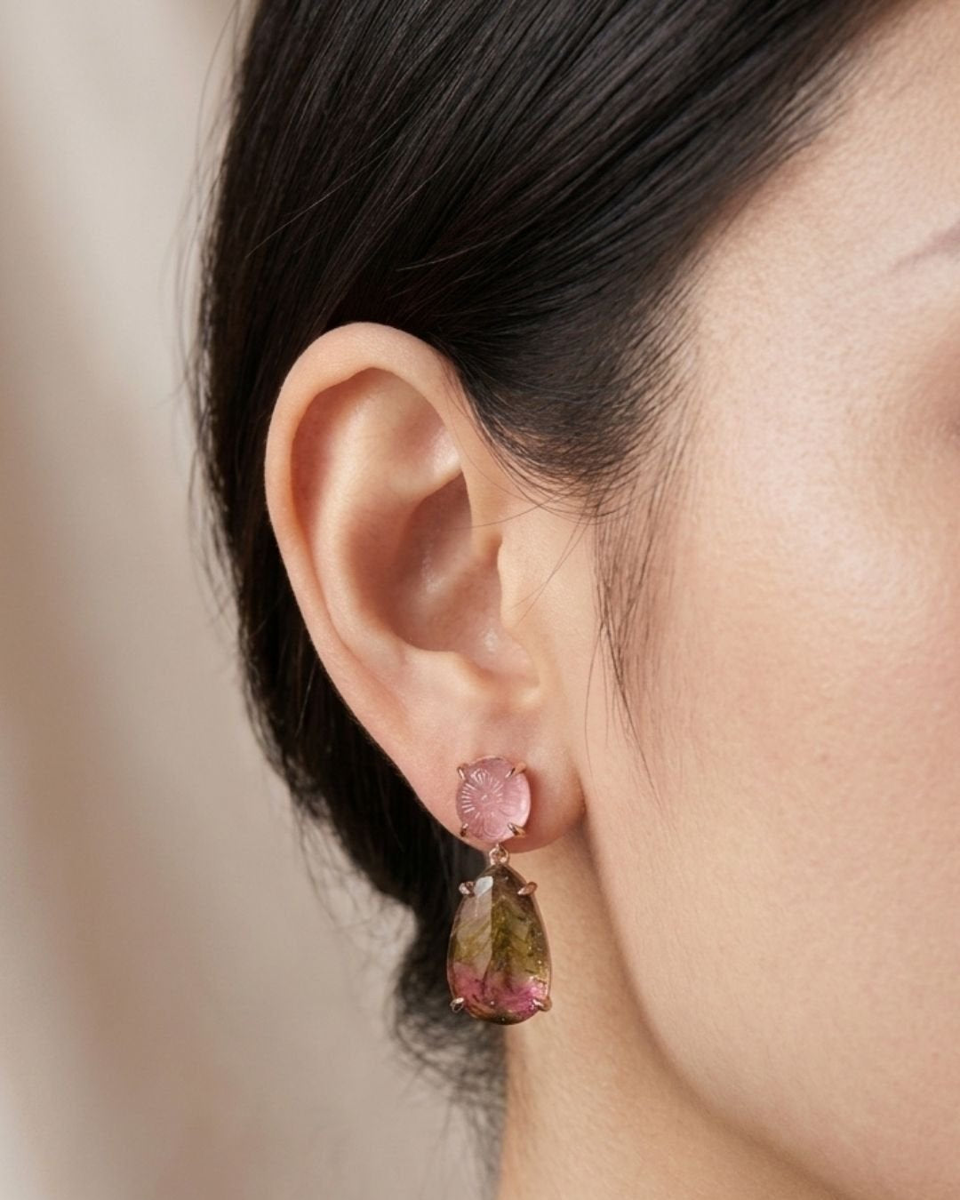 CREATIVE JEWELLERY STUDIO | Morganite & Bi-Color Tourmaline, Rose Gold Plated Silver Earrings by Blissadora