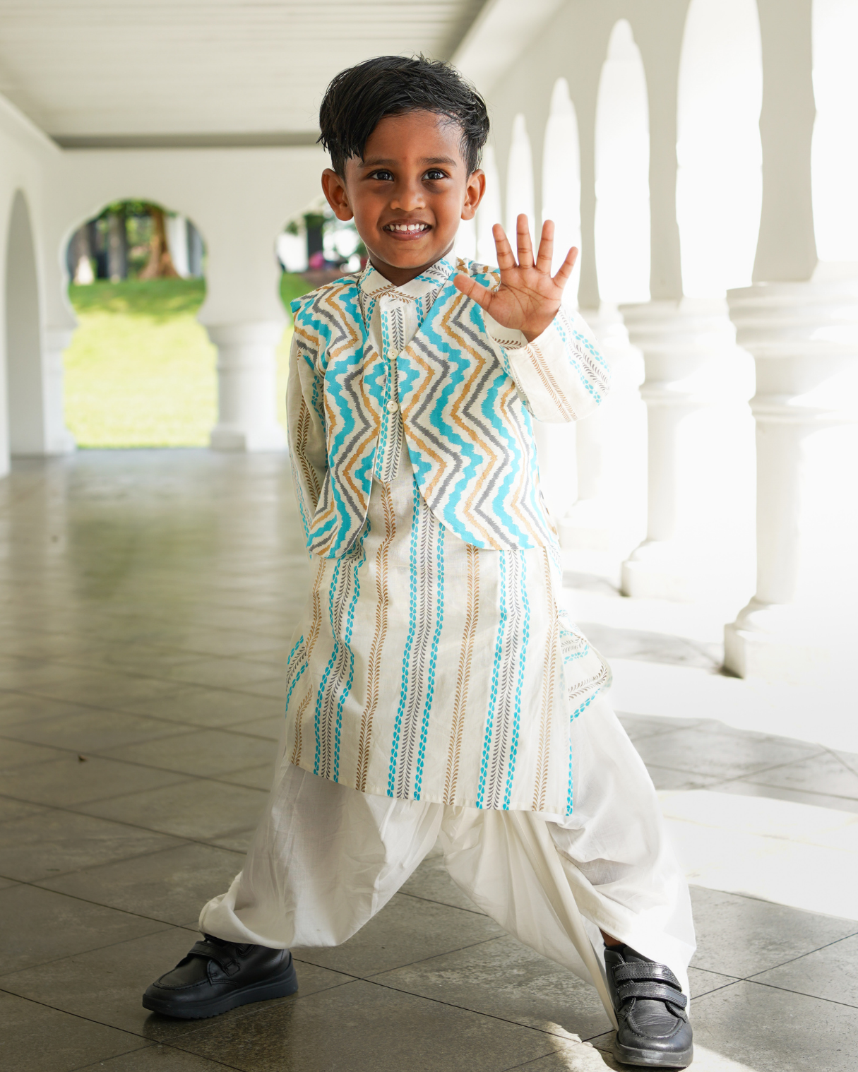 NIMBU | Gul Blue Boys Kurta Dhoti Jacket In Cotton