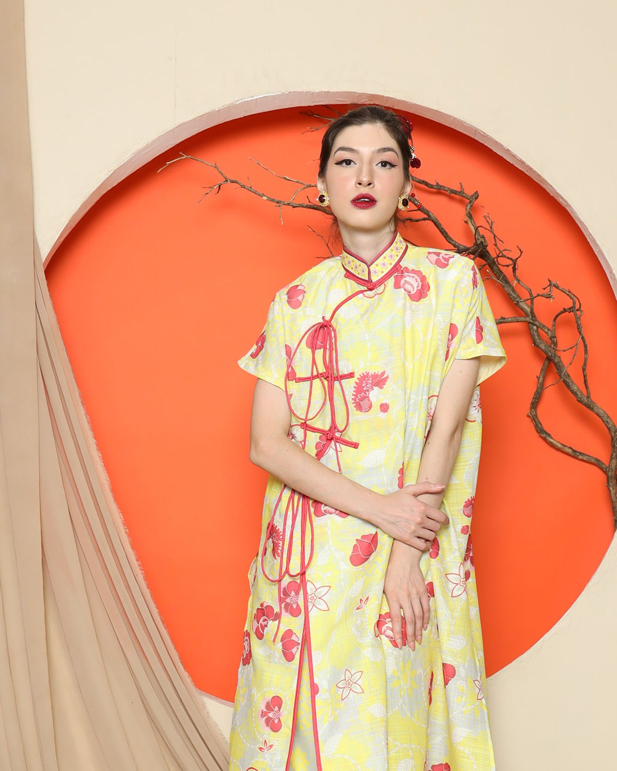 KANZI COLLECTION | Yellow Oriental Floral Cheongsam Pant Set