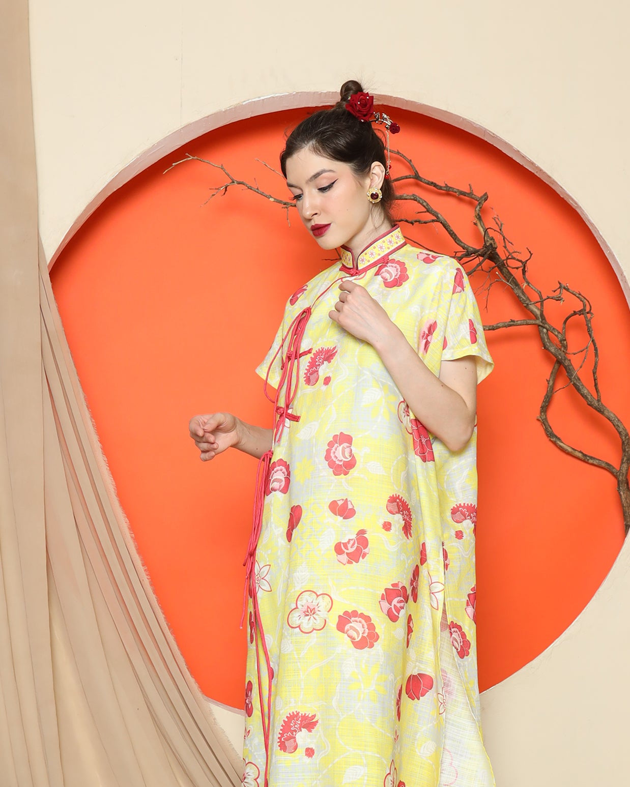 KANZI COLLECTION | Yellow Oriental Floral Cheongsam Pant Set