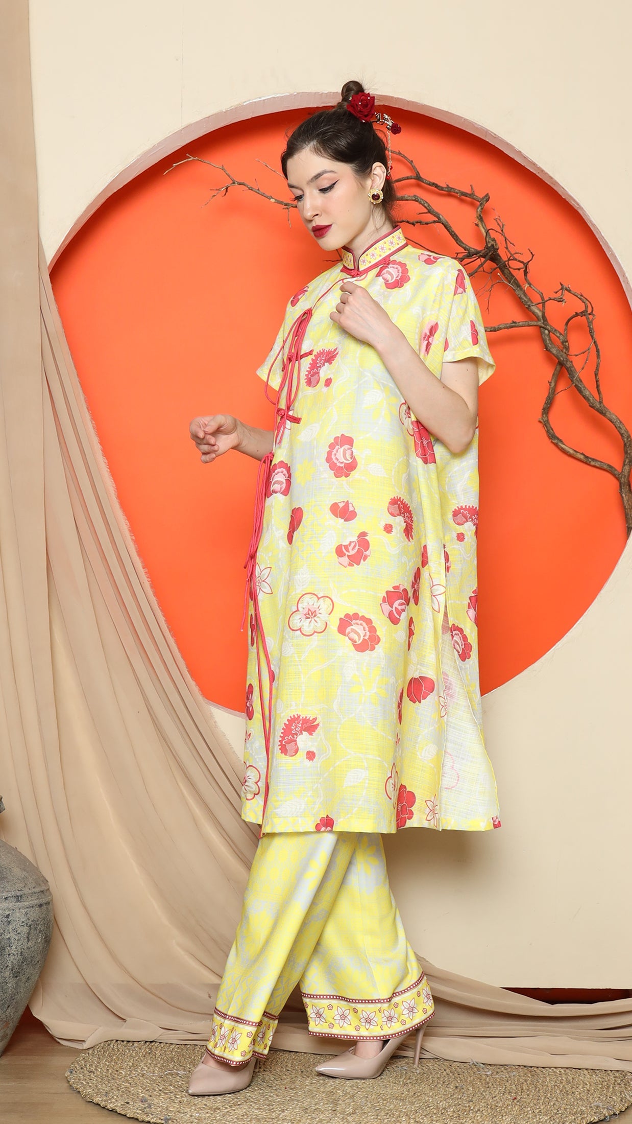 KANZI COLLECTION | Yellow Oriental Floral Cheongsam Pant Set
