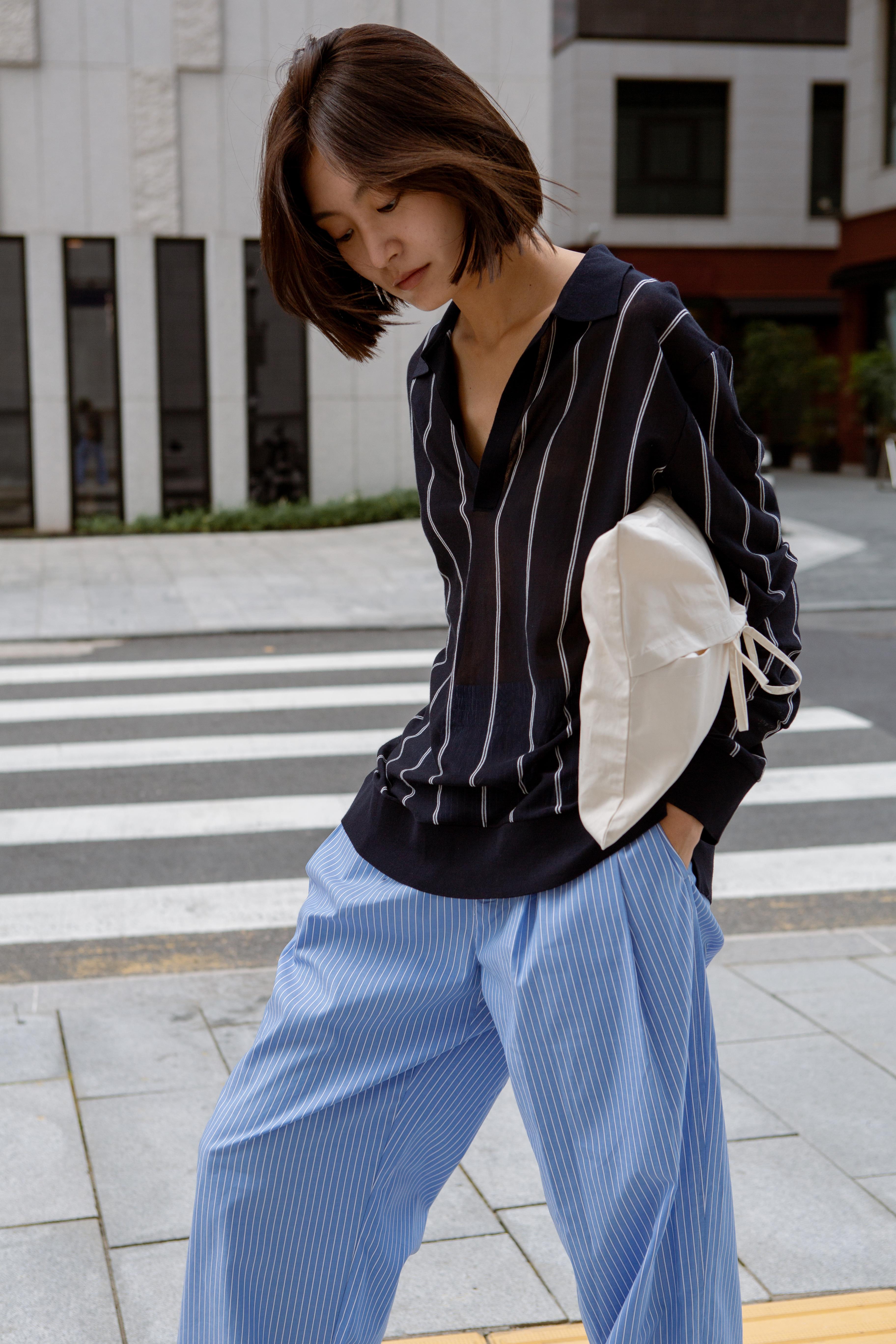 LAYERPLAN | Aziel Light Weight Wool Striped Polo Top