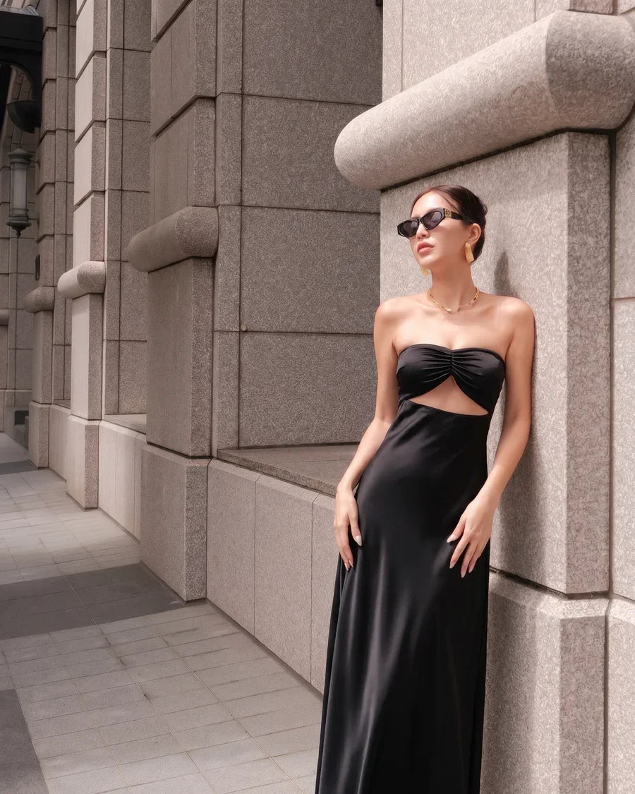 HÁI THE LABEL | Second Skin Satiny | Sweetheart Ruched Maxi Dress | Onyx Black