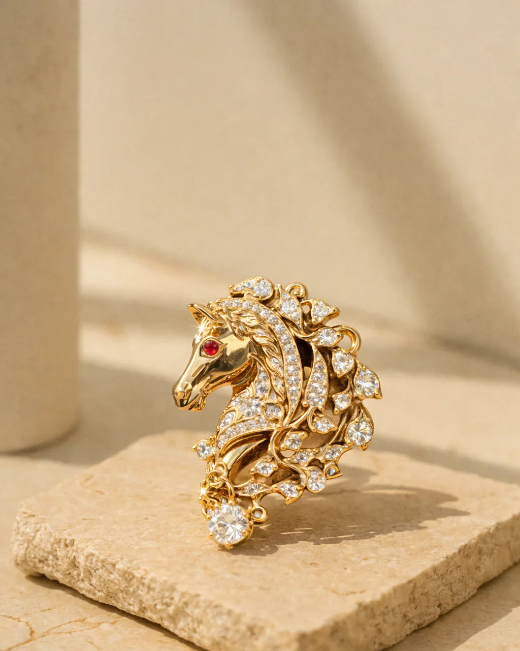 FOUNDATION JEWELLERS | 750 Y/G Peranakan Natural Rose Cut Diamond Pendant Brooch "Horse" 10.19gm Ruby2-010ct RCD41-1.14ct RCD1-0.51ct