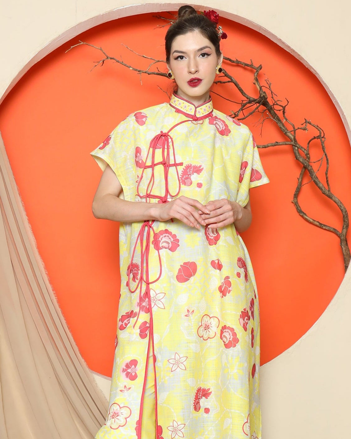 KANZI COLLECTION | Yellow Oriental Floral Cheongsam Pant Set