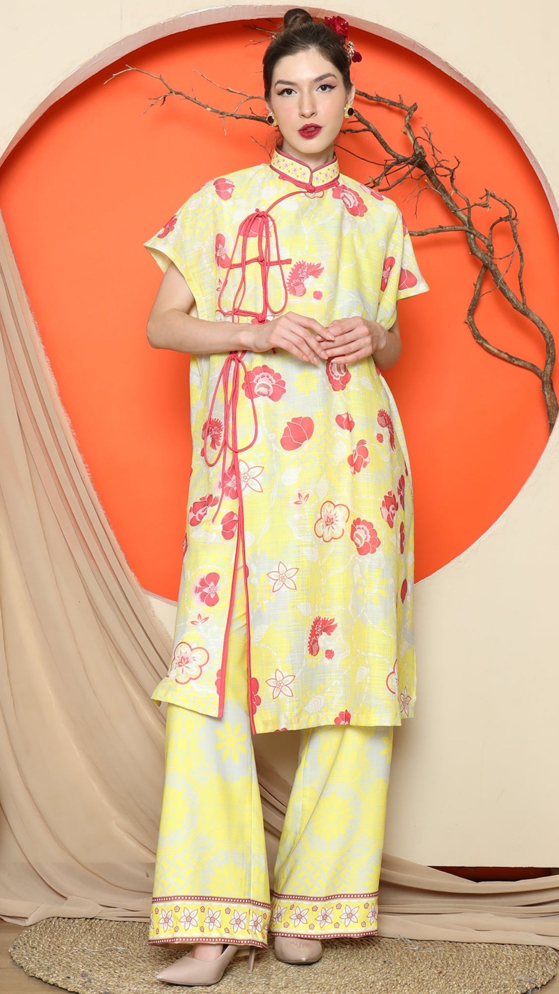 KANZI COLLECTION | Yellow Oriental Floral Cheongsam Pant Set