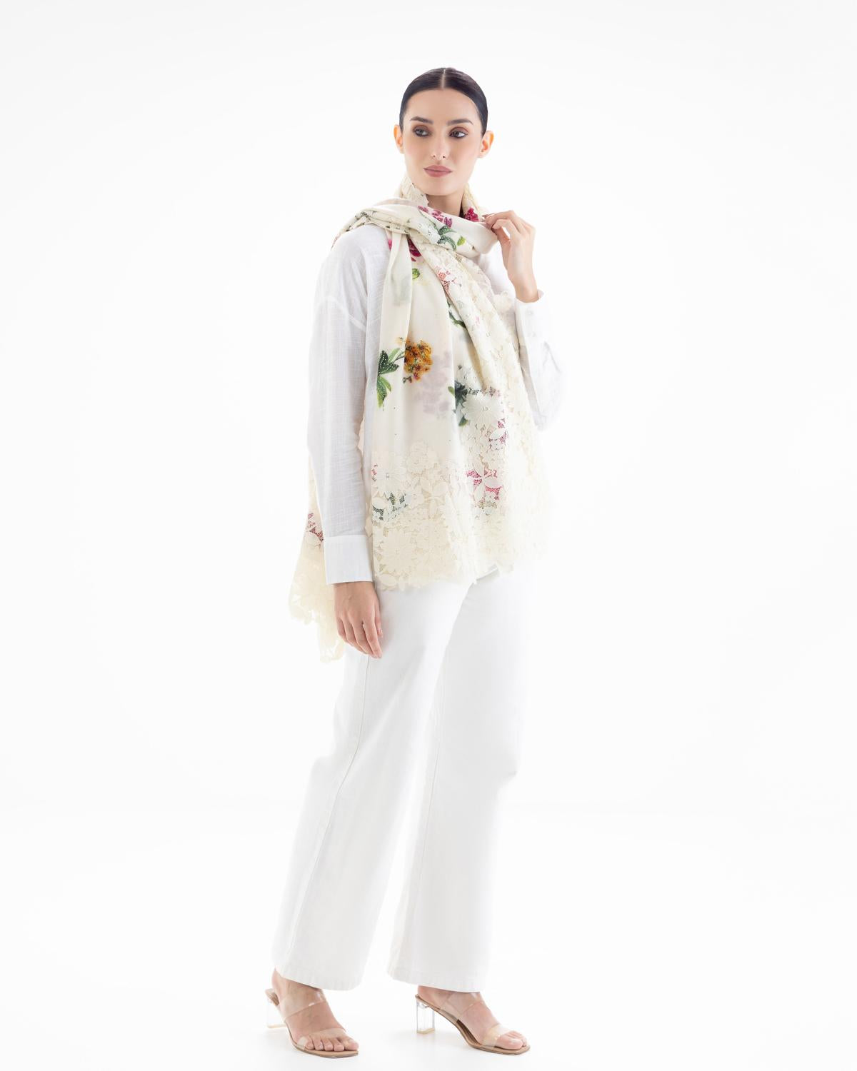 QUEENMARK | AN Assorted Lace Print Crystal Shawl Ivory Flower