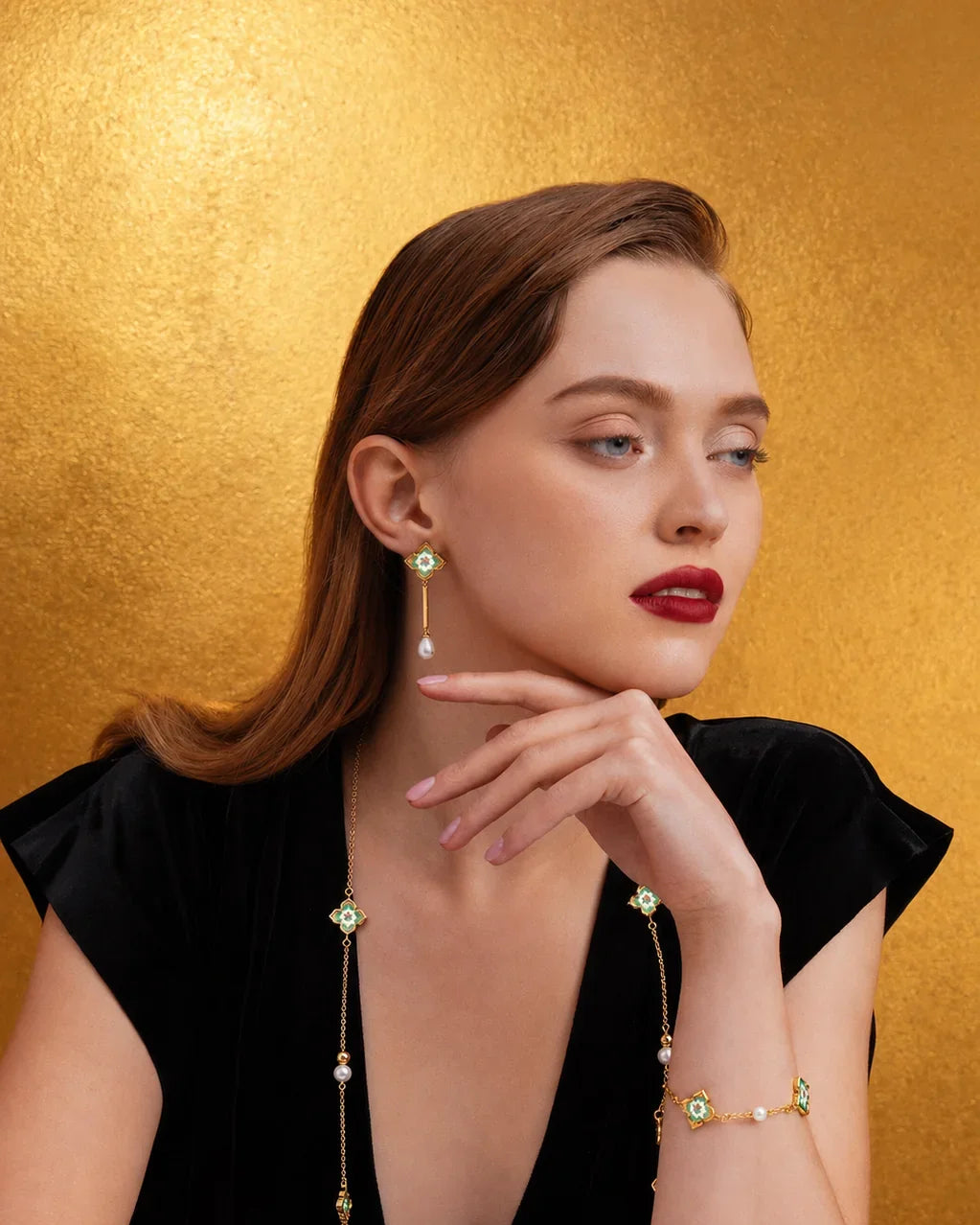RARE BIRD COLLECTION | Peranakan Floral Pearl Dangle Earrings | Emerald