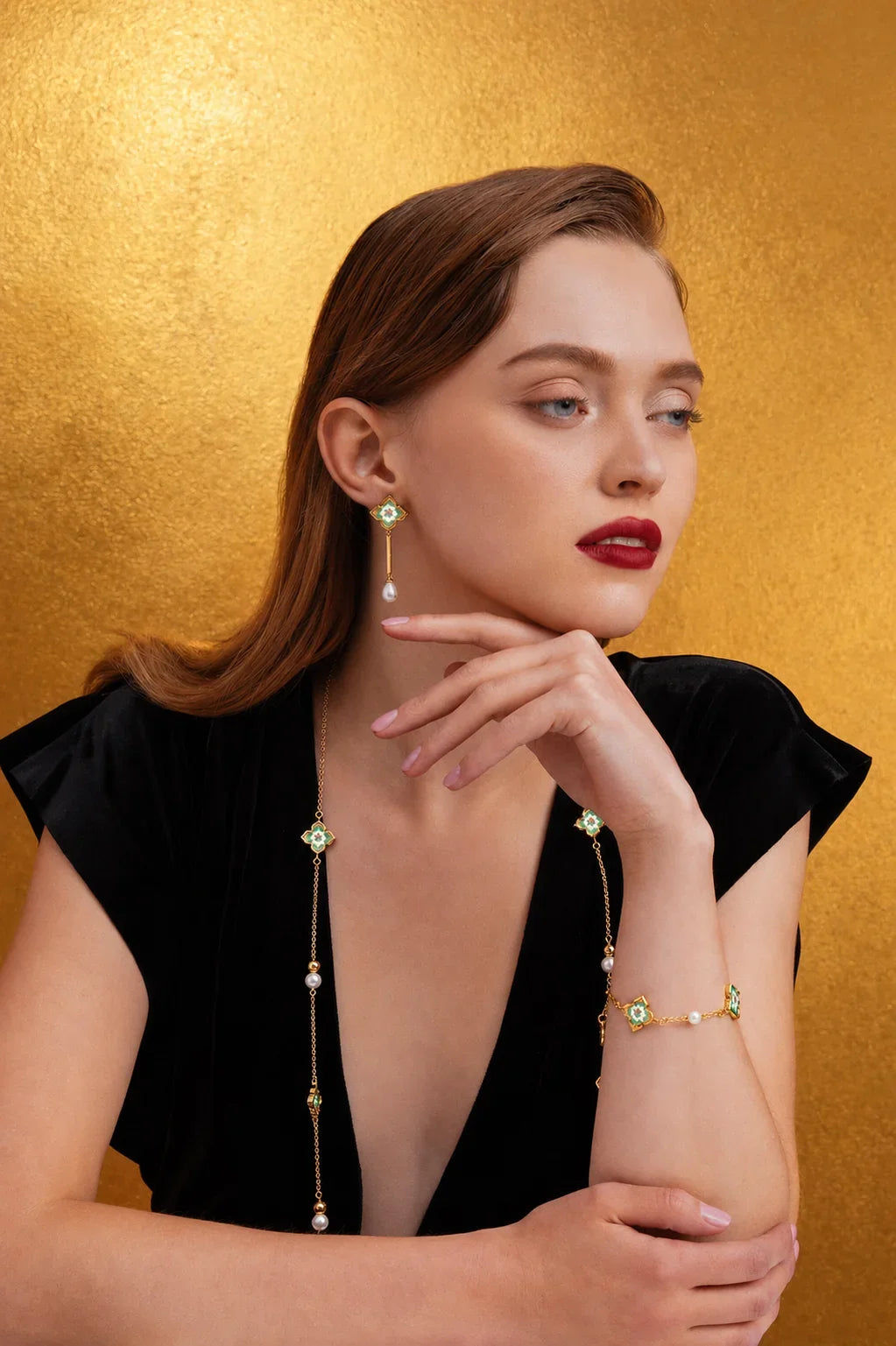 RARE BIRD COLLECTION | Peranakan Floral Pearl Dangle Earrings | Emerald