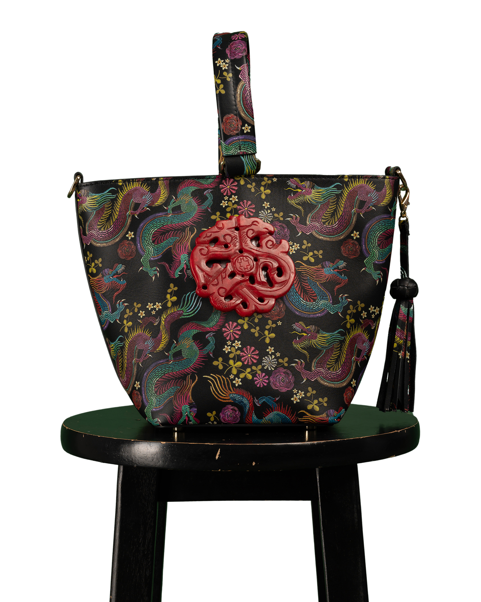 DESTI SAINT | Noora Bucket Crossbody | Dragon Print Leather w Red Jade Stone Ingot