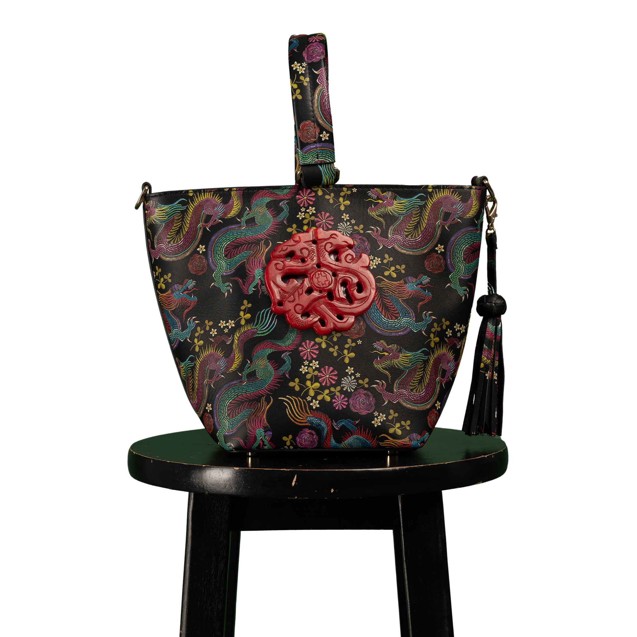 DESTI SAINT | Noora Bucket Crossbody | Dragon Print Leather w Red Jade Stone Ingot