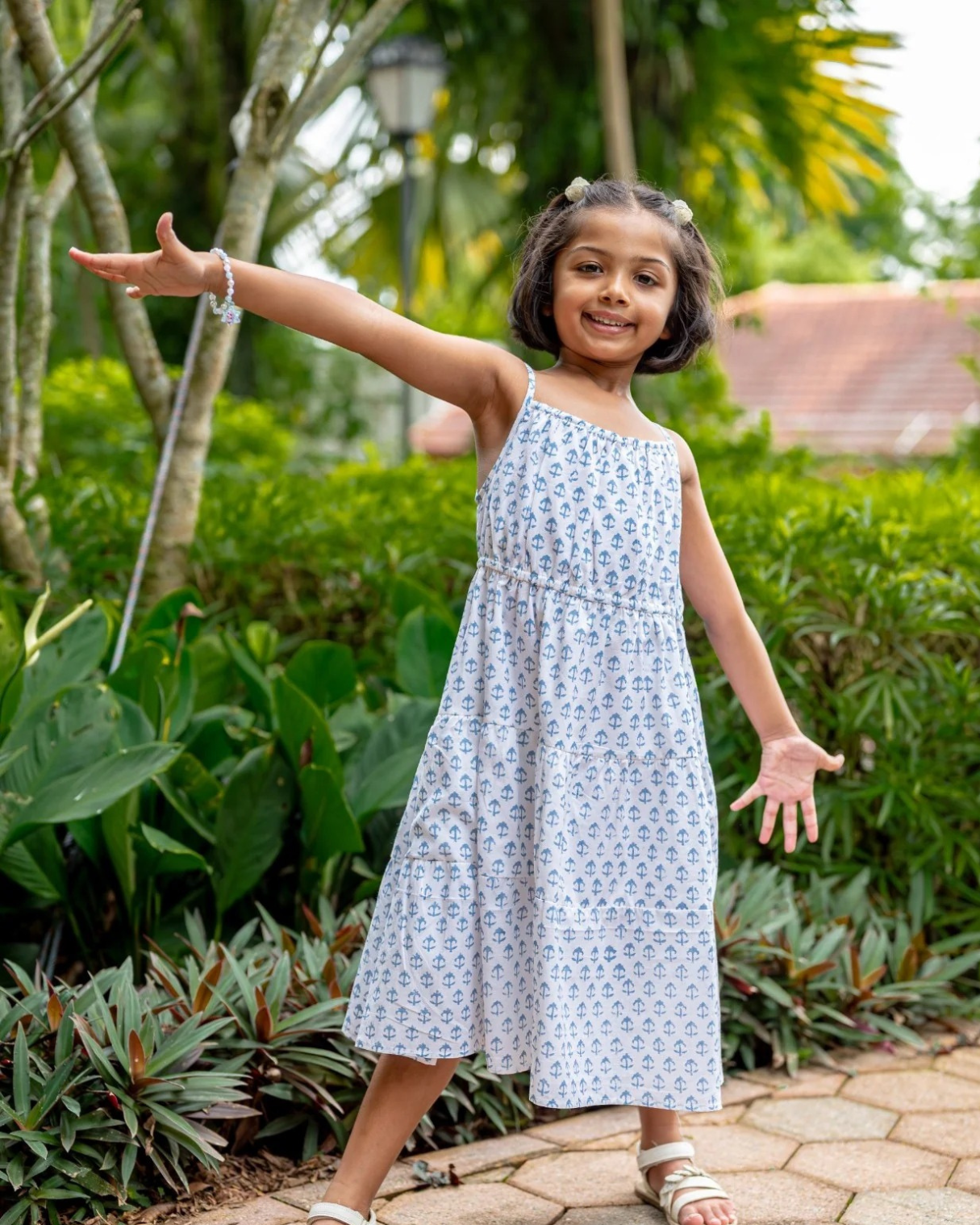 NIMBU | Sasha White Anchor Girls Long Dress in Cotton