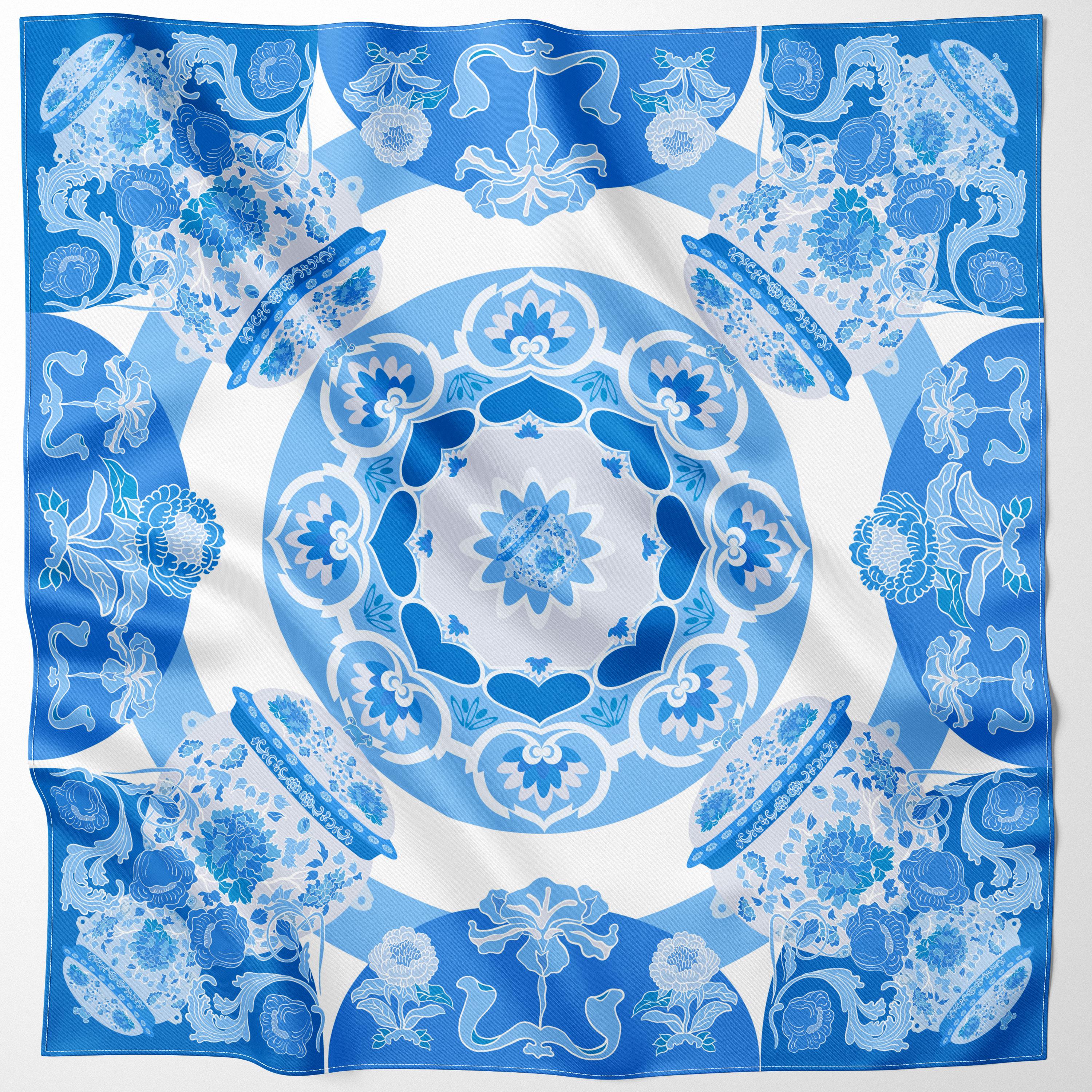 BINARY STYLE | Peranakan Bricolage in Blue Premium Silk Scarf