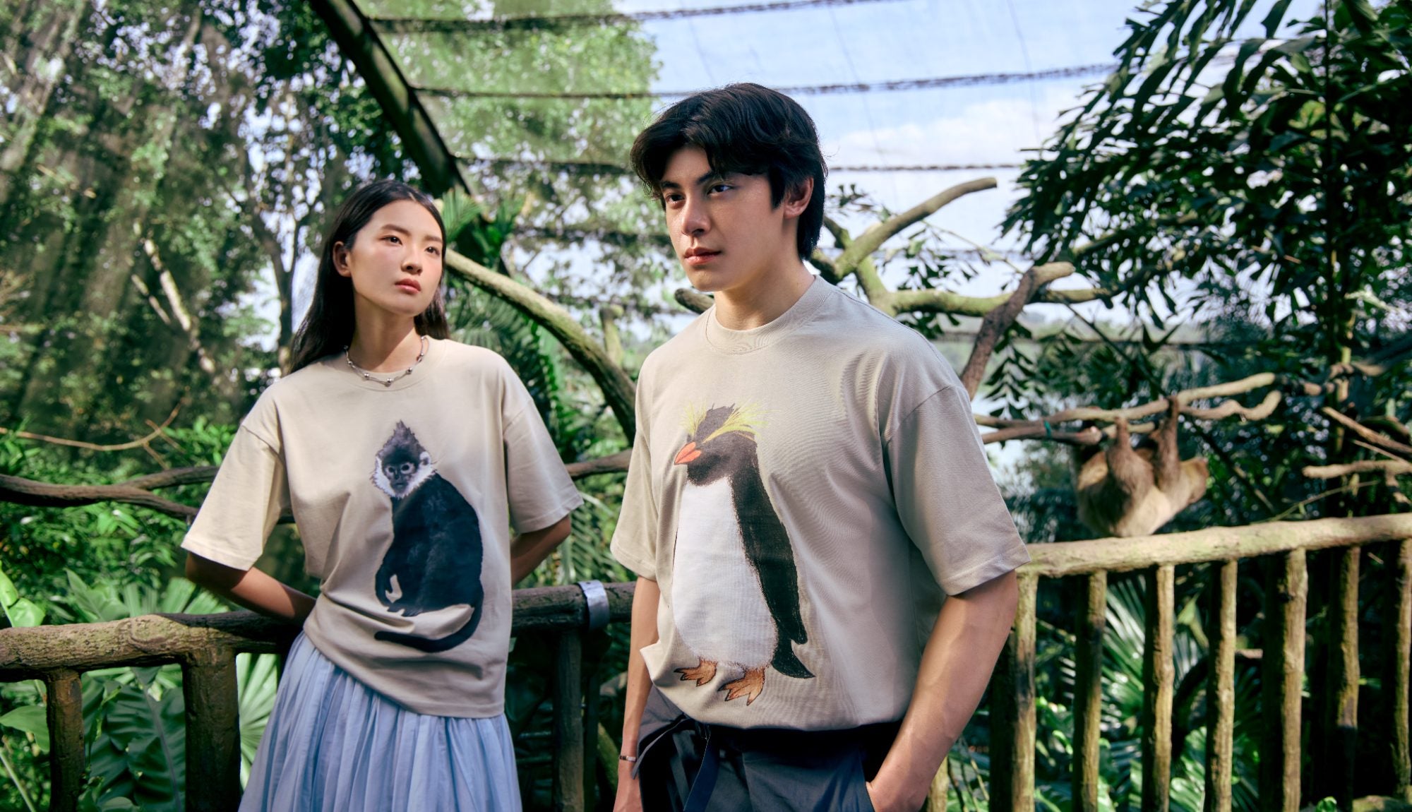 Mandai @ DORS campaign: two models wearing Mandai collection tees among foliage at Mandai Wildlife Reserve