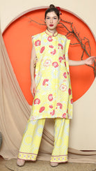 KANZI COLLECTION | Yellow Vest Kimono Jacquard Floral Pant Set