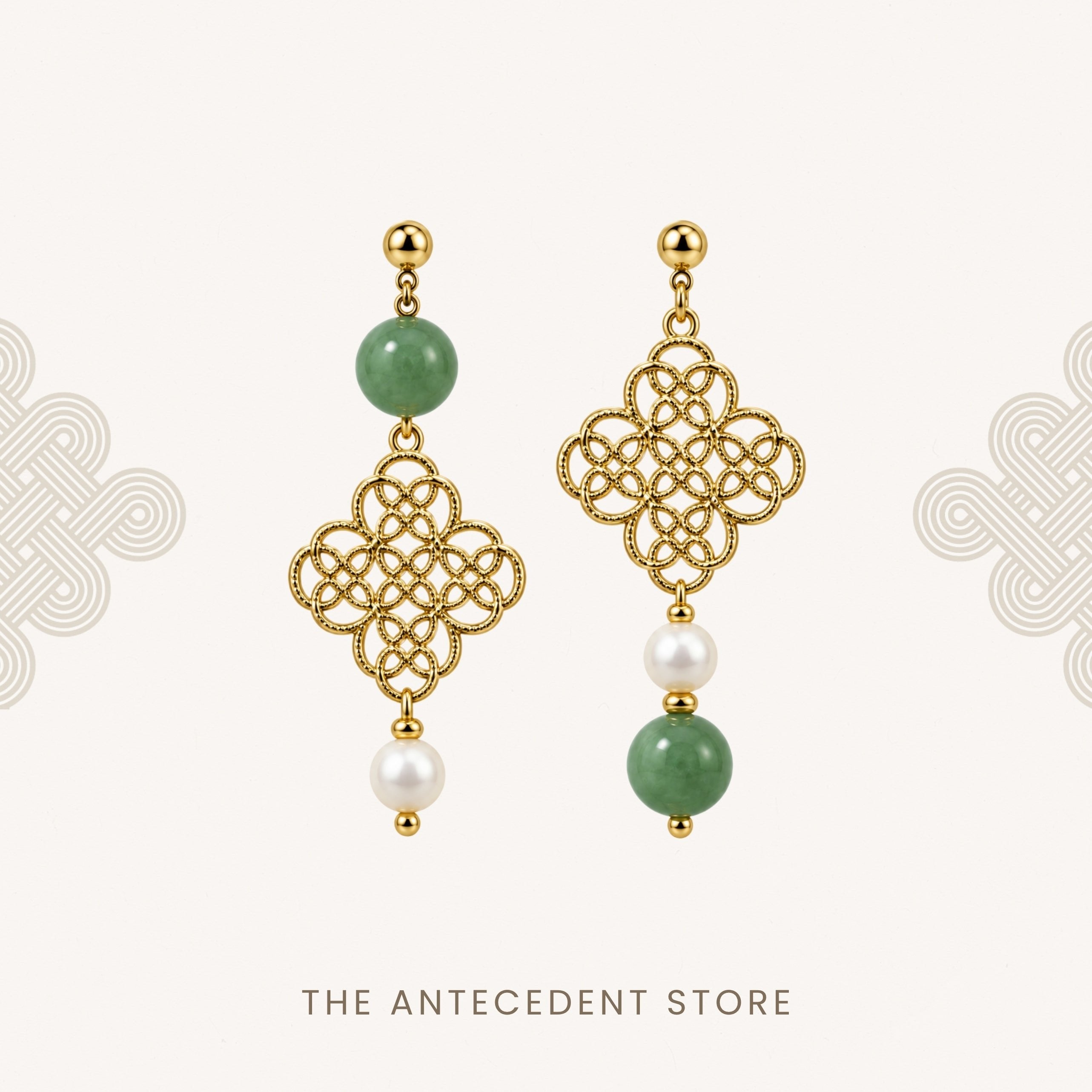 THE ANTECEDENT STORE | Asymmetrical Auspicious Motif Green Aventurine Earrings