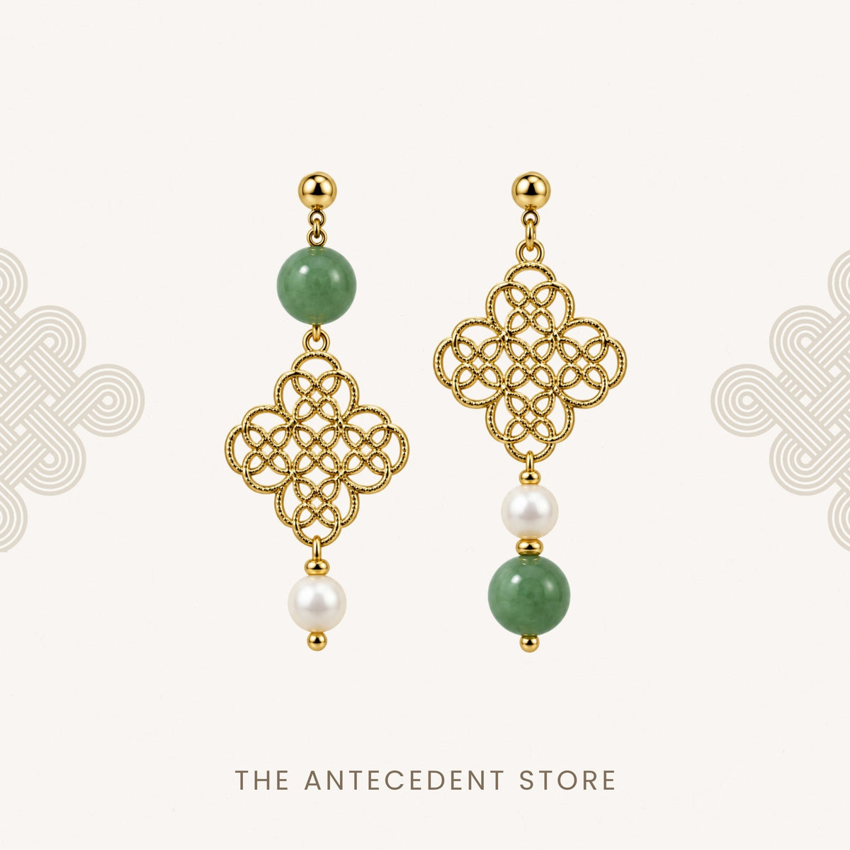 THE ANTECEDENT STORE | Asymmetrical Auspicious Motif Green Aventurine Earrings