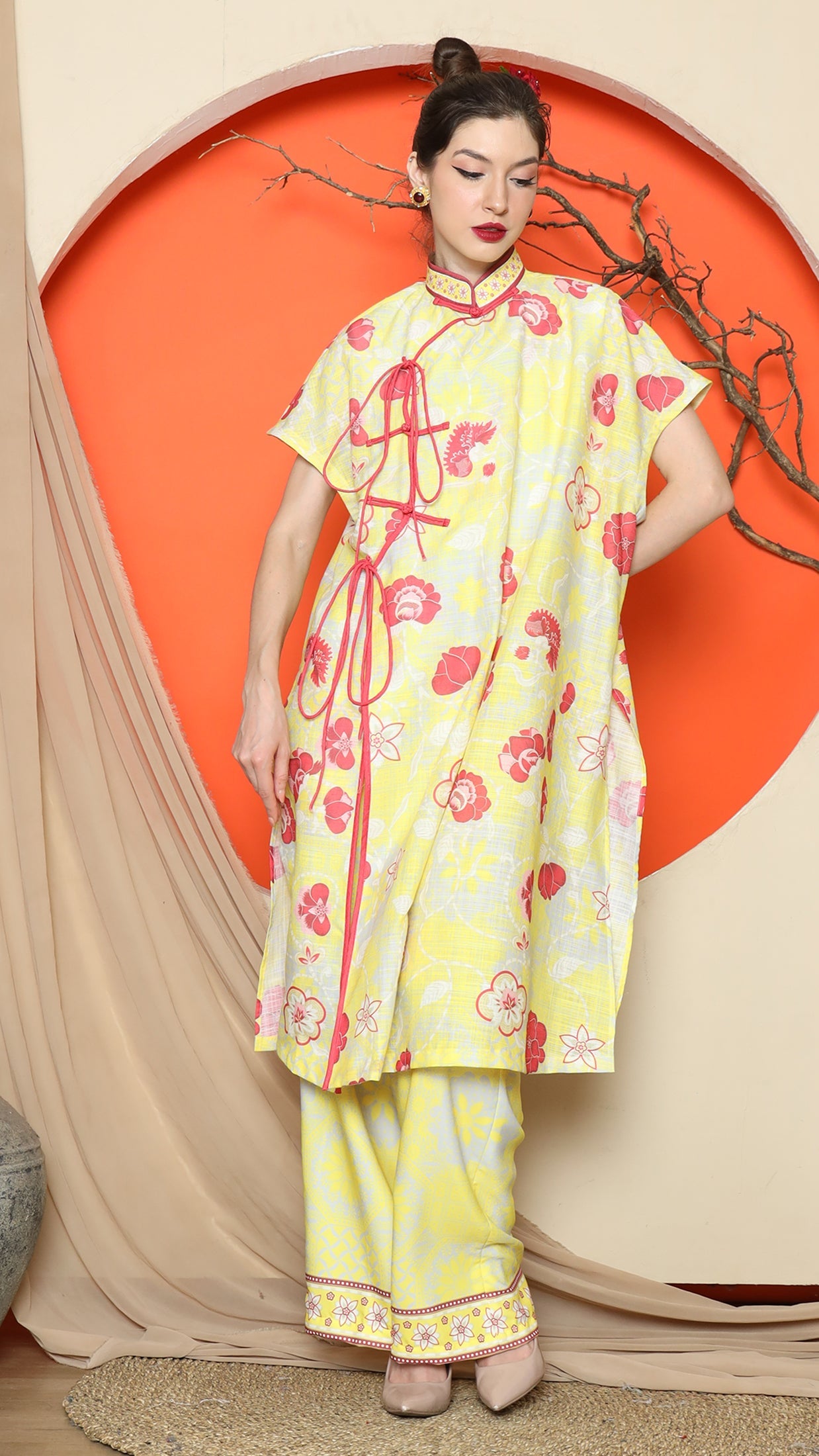 KANZI COLLECTION | Yellow Oriental Floral Cheongsam Pant Set