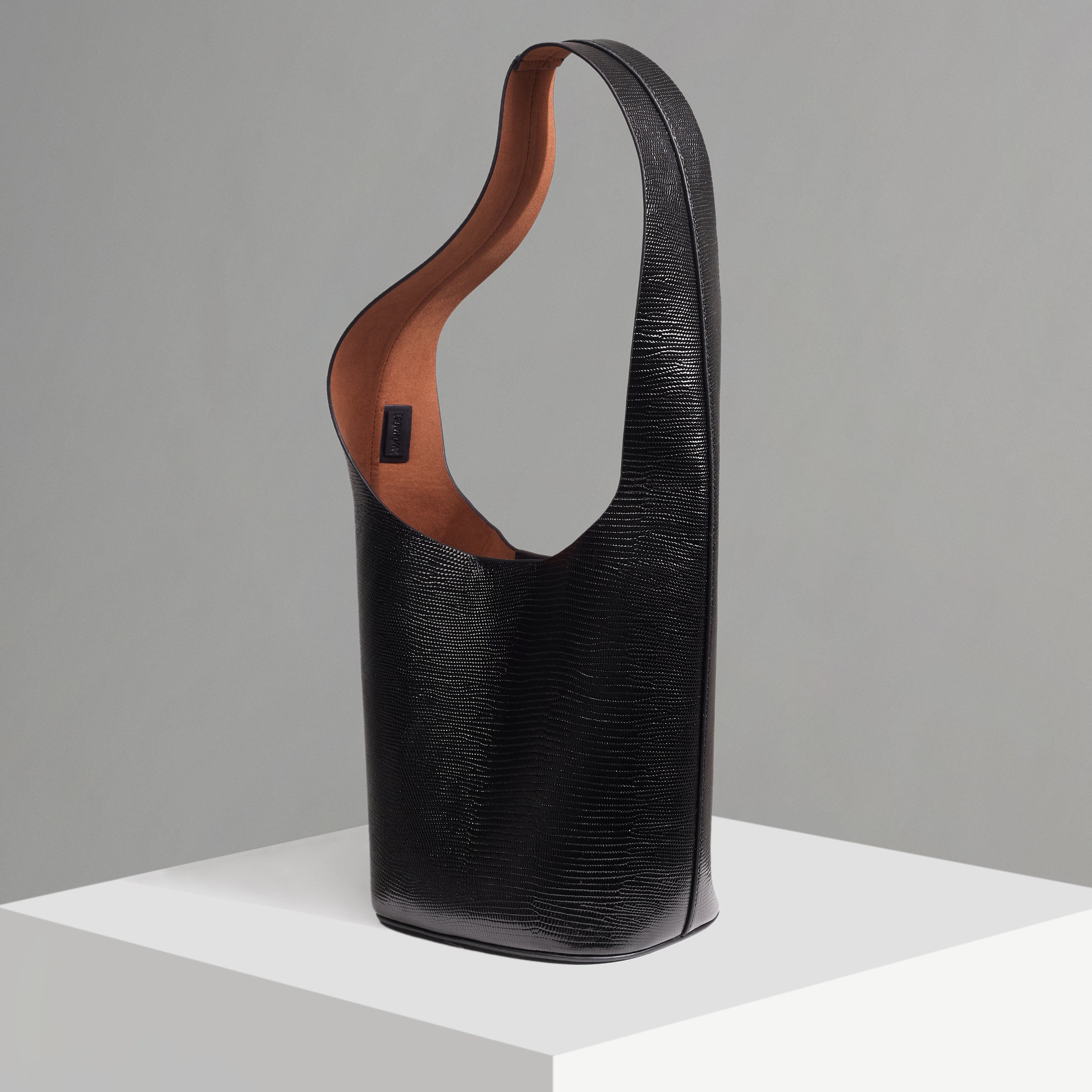 WU HAUS | Vessel Black Lizard Cow Embossed Bucket Bag