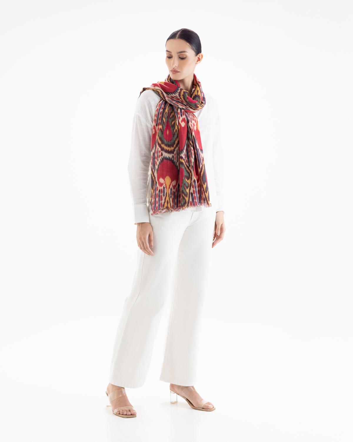 QUEENMARK | AN Patola Ikat Print Red Blue Stripes