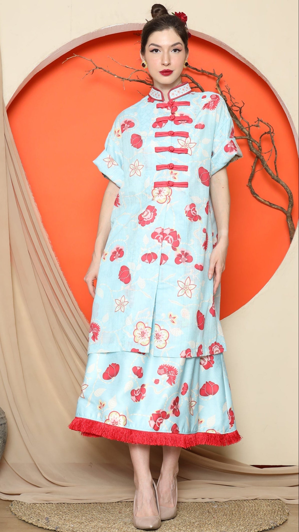 KANZI COLLECTION | Blue Floral Cheongsam Skirt Set