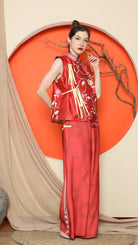 KANZI COLLECTION | Red Cheongsam Floral Vest With Floral Pants Set