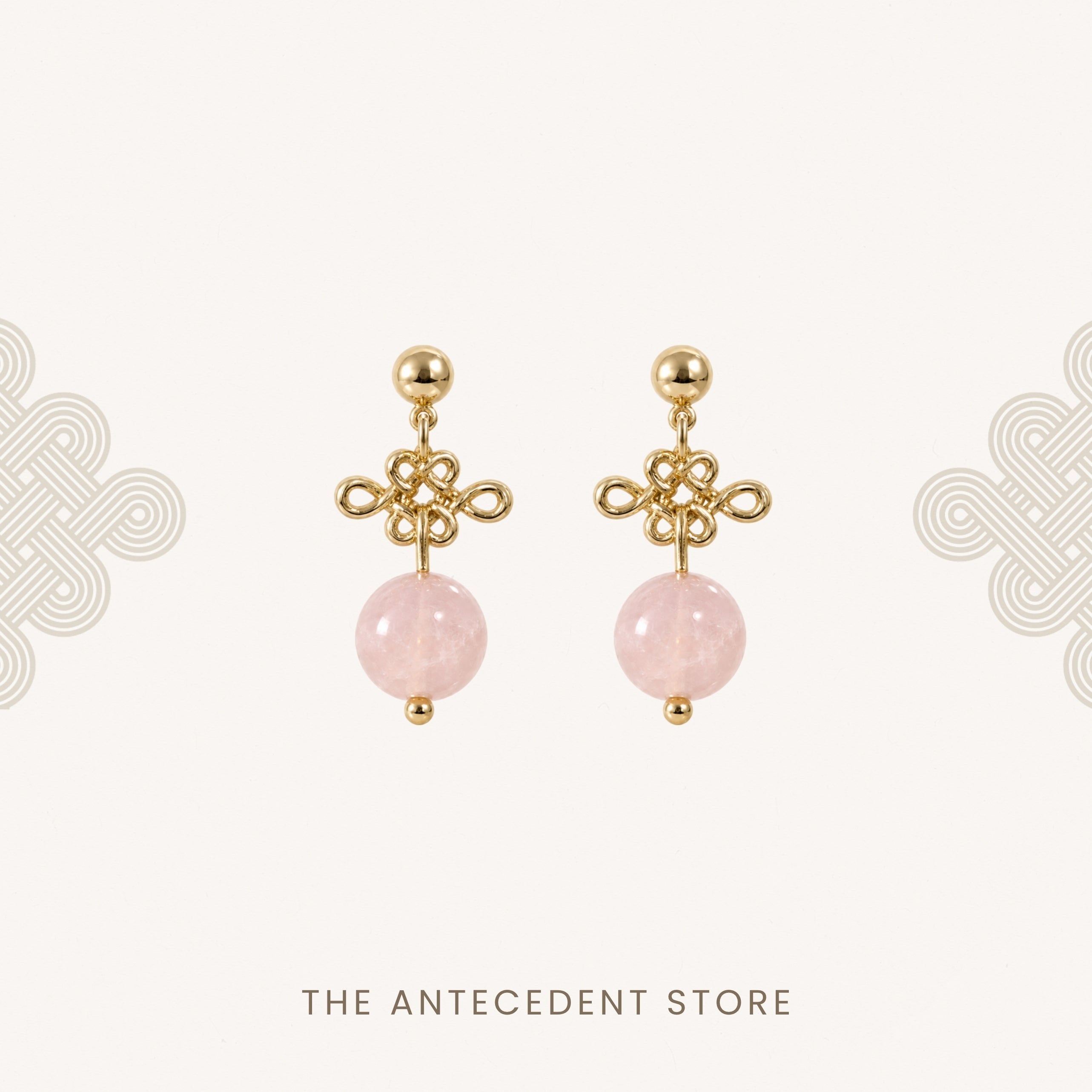 THE ANTECEDENT STORE | Auspicious Ruyi Knot With Rose Quartz Earrings
