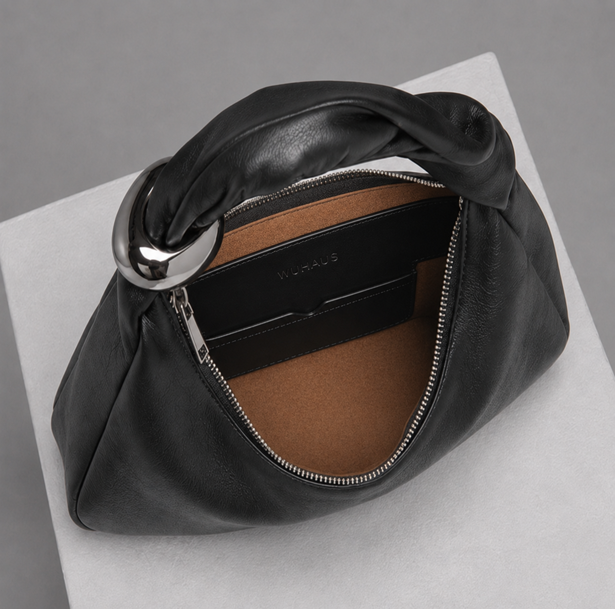 WU HAUS | Orbit Lightweight Black Leather Sculptural Bag
