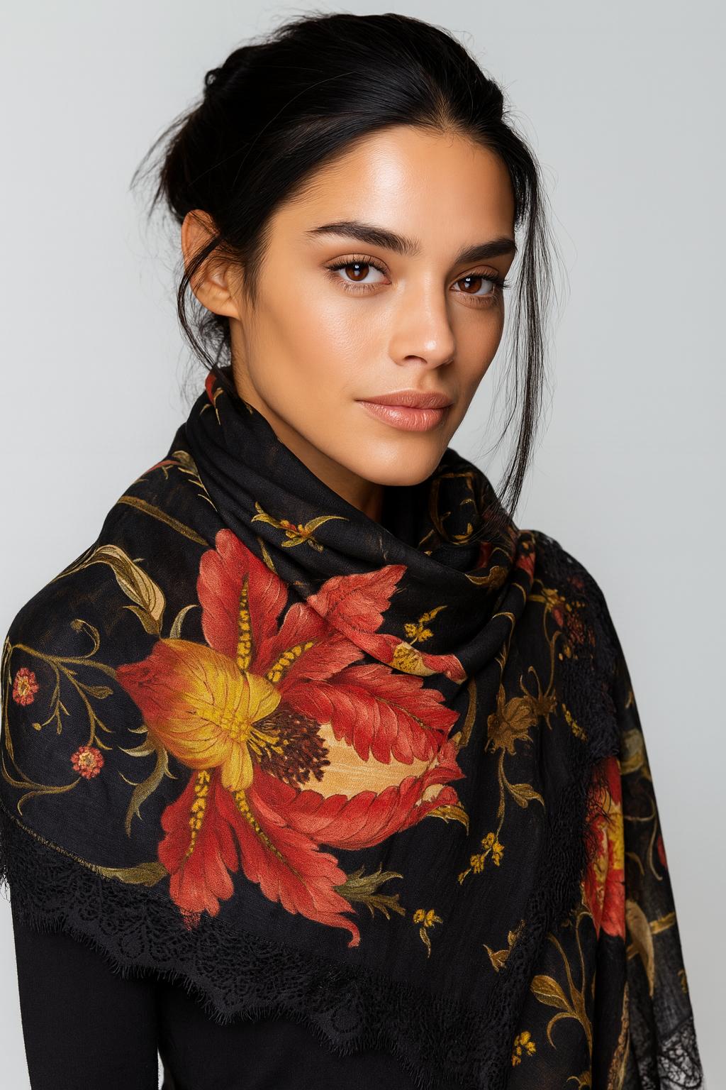 QUEENMARK | AN Printed Shawl 2024 Assorted Black Red Yellow Flower