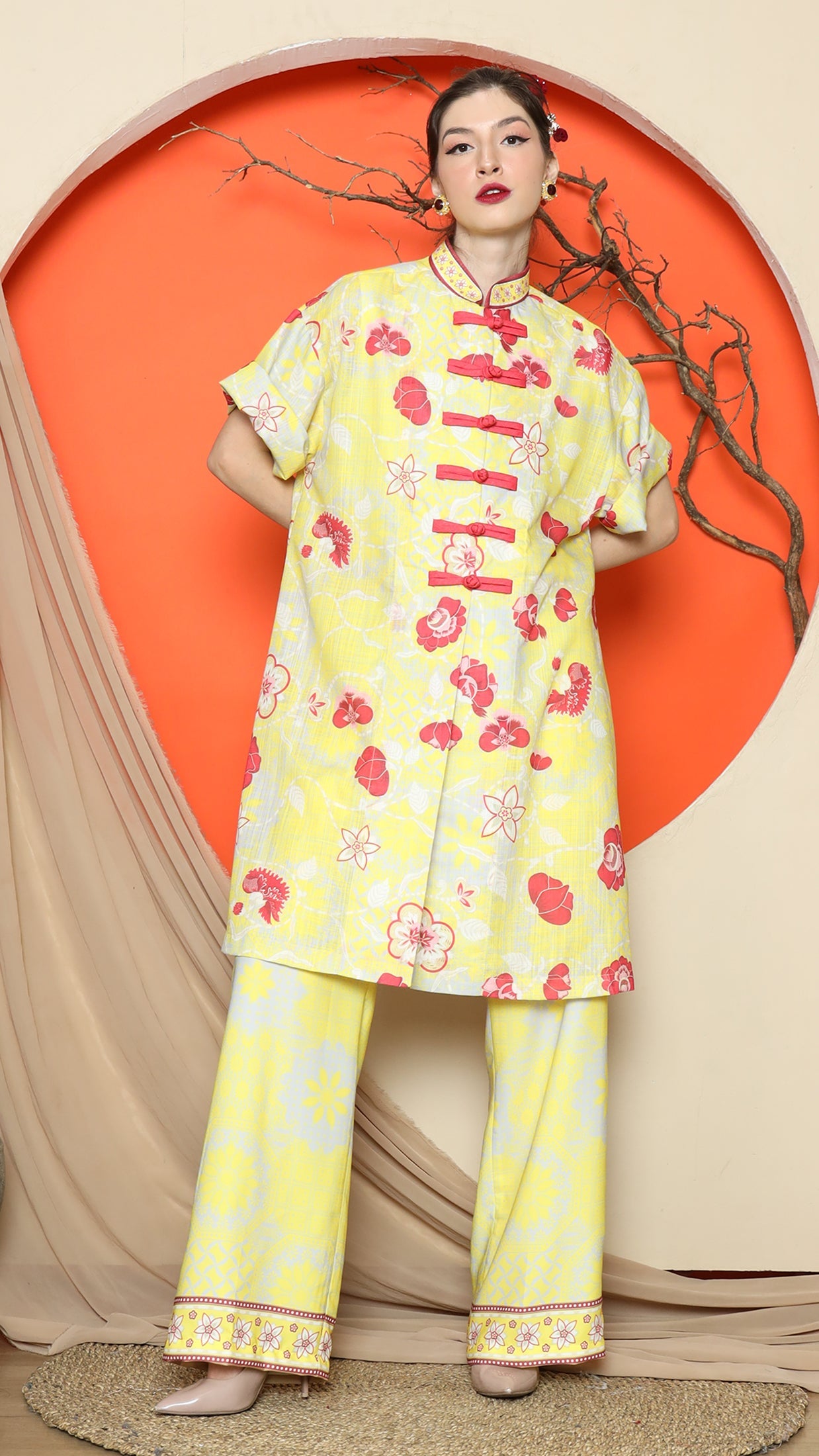 KANZI COLLECTION | Yellow Floral Cheongsam Pant Set