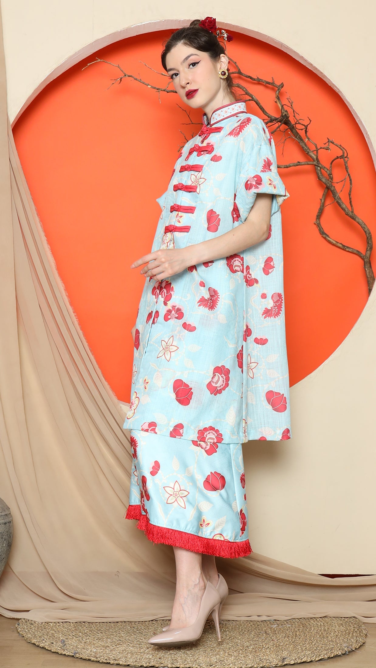 KANZI COLLECTION | Blue Floral Cheongsam Skirt Set