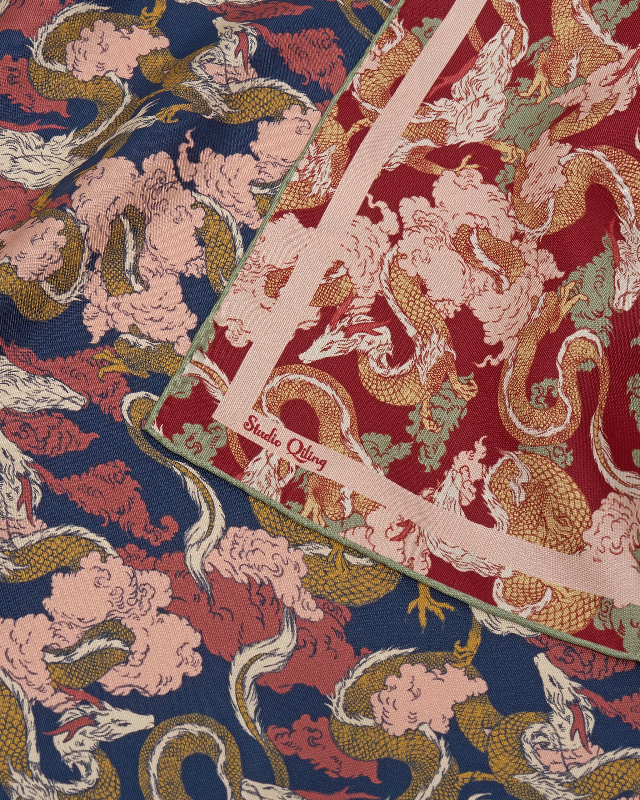 STUDIO QILING | Dragon Scarlet Indigo Double Side Silk Scarf 65