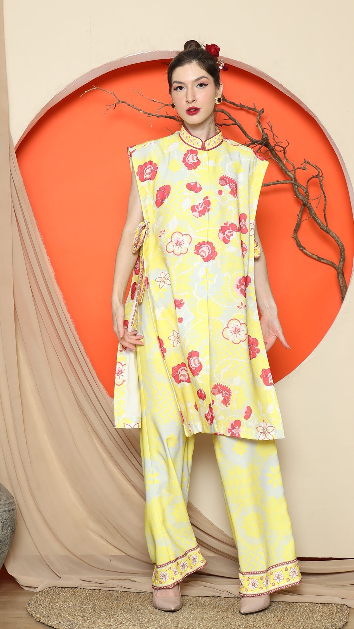 KANZI COLLECTION | Yellow Vest Kimono Jacquard Floral Pant Set
