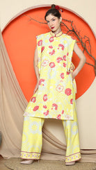 KANZI COLLECTION | Yellow Vest Kimono Jacquard Floral Pant Set