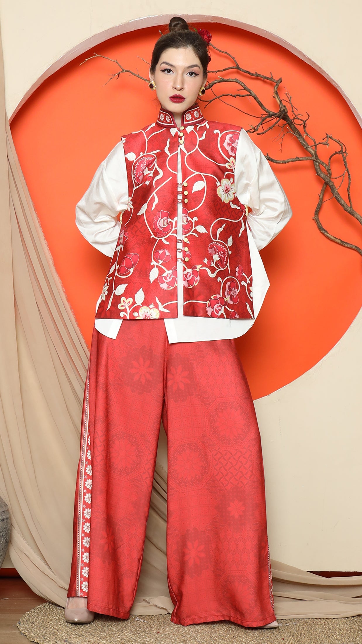 KANZI COLLECTION | Red Floral Side Button Vest With Pants Set