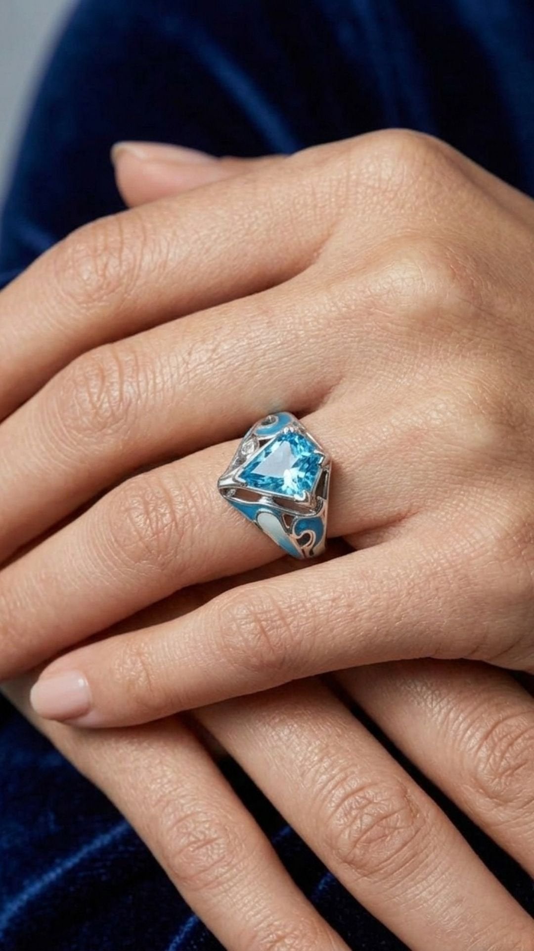 CREATIVE JEWELLERY STUDIO | Blue Topaz & Green Enamel, Rhodium Plated Silver Ring | Blissadora