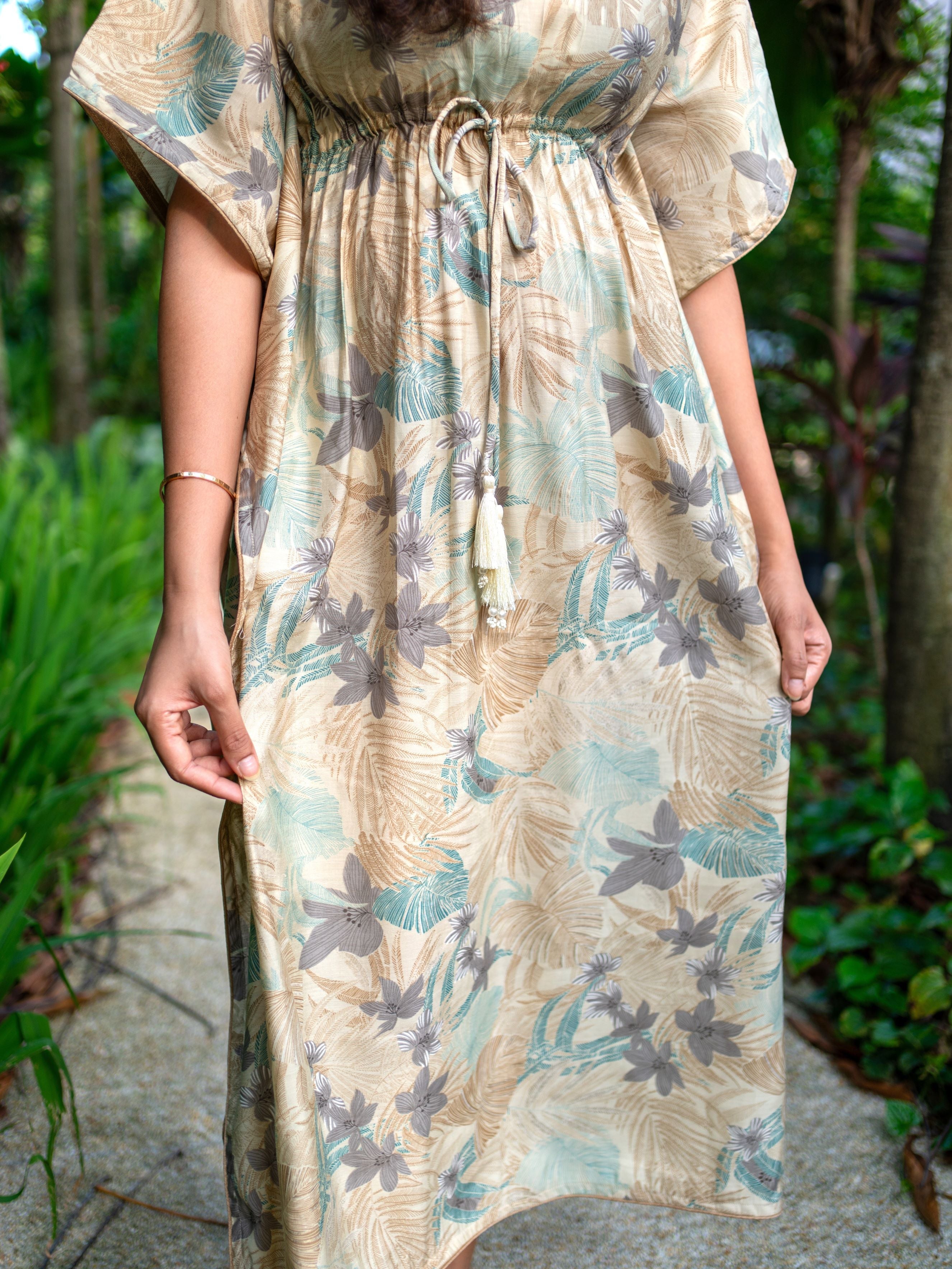 NIMBU | Arya Women's Long Kaftan Dress in Metallic Blue with Gold Accents