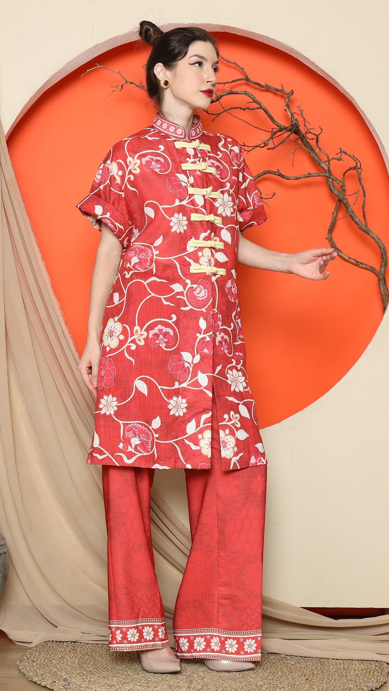 KANZI COLLECTION | Red Floral Cheongsam Pant Set