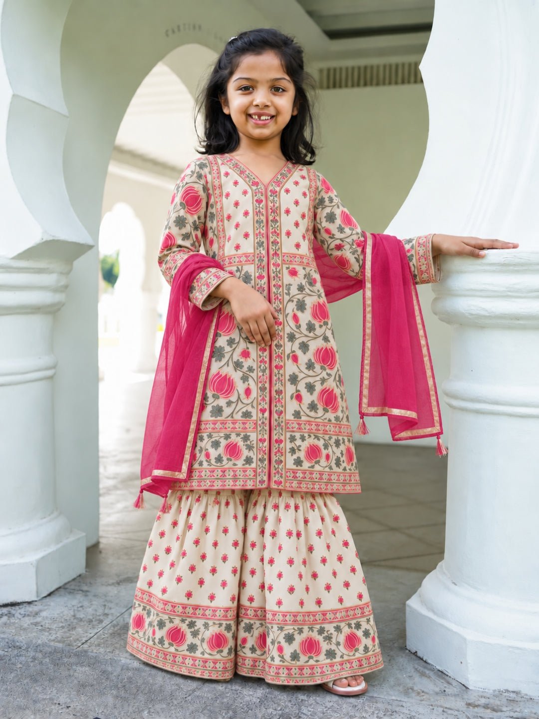 NIMBU | Kamal Pink & Gold Girls Kurti Sharara in Cotton