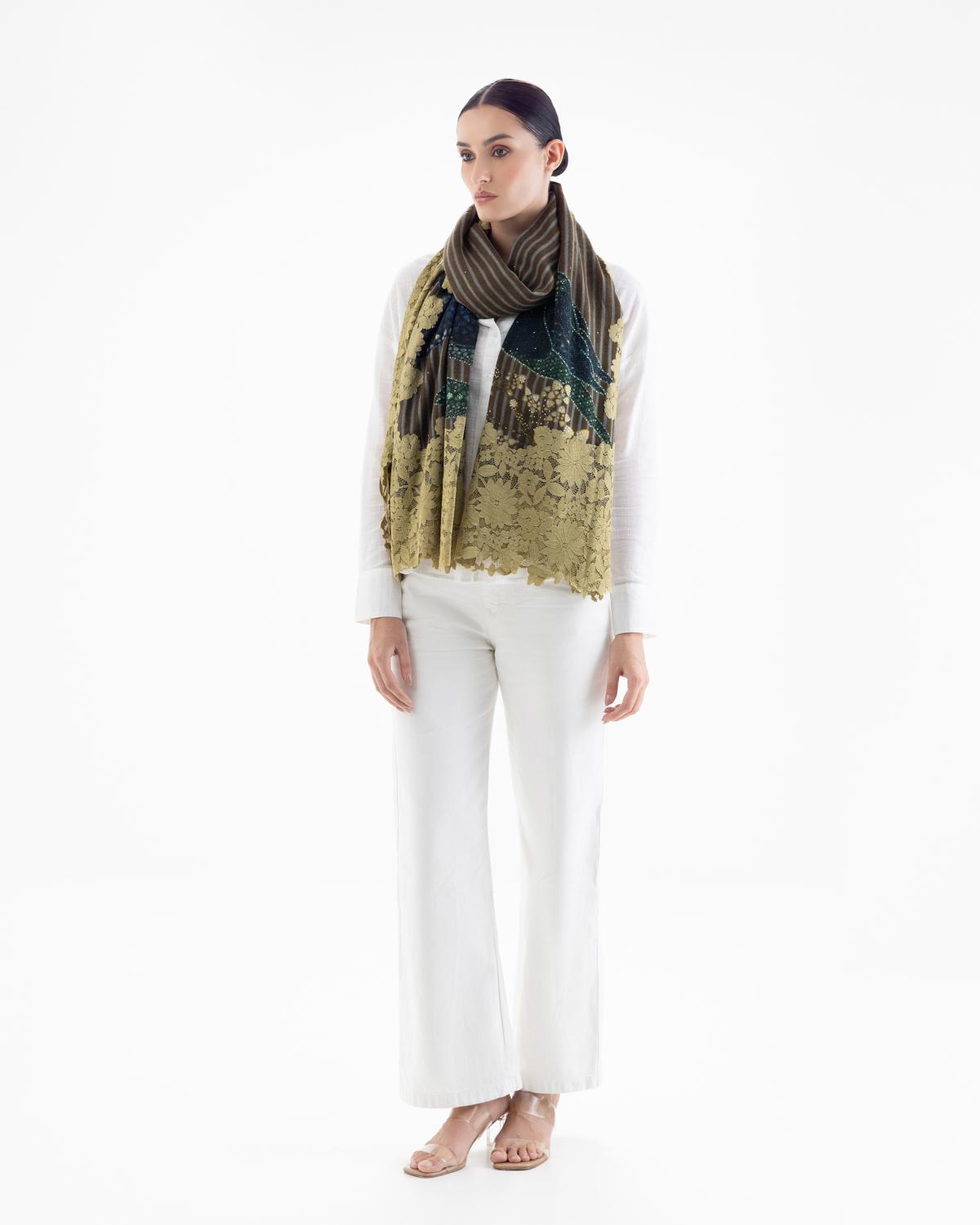 QUEENMARK | AN Assorted Lace Print Crystal Shawl Olive Blue Bird