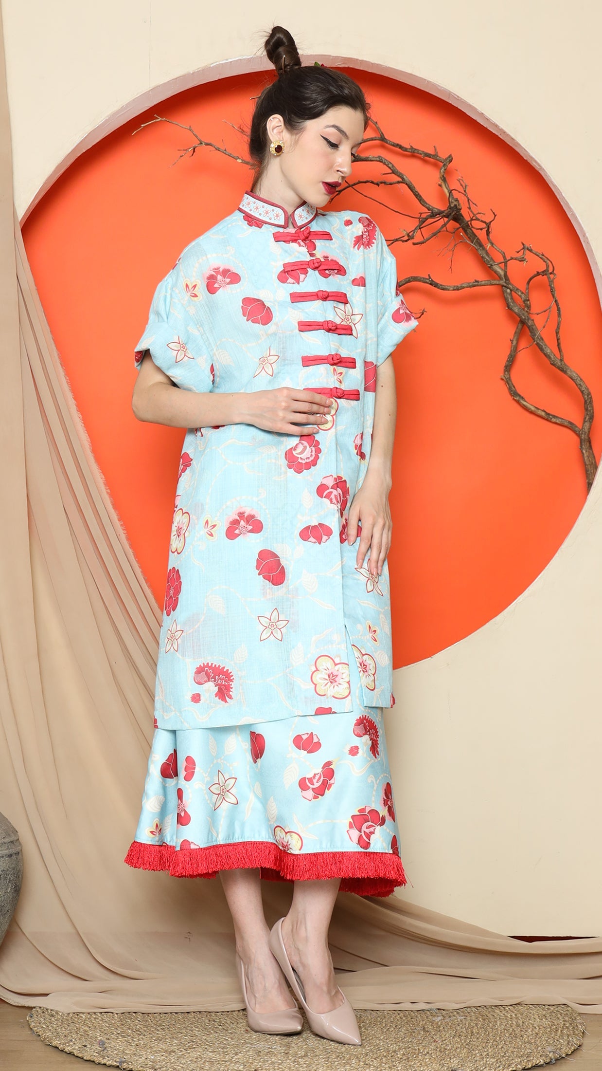 KANZI COLLECTION | Blue Floral Cheongsam Skirt Set