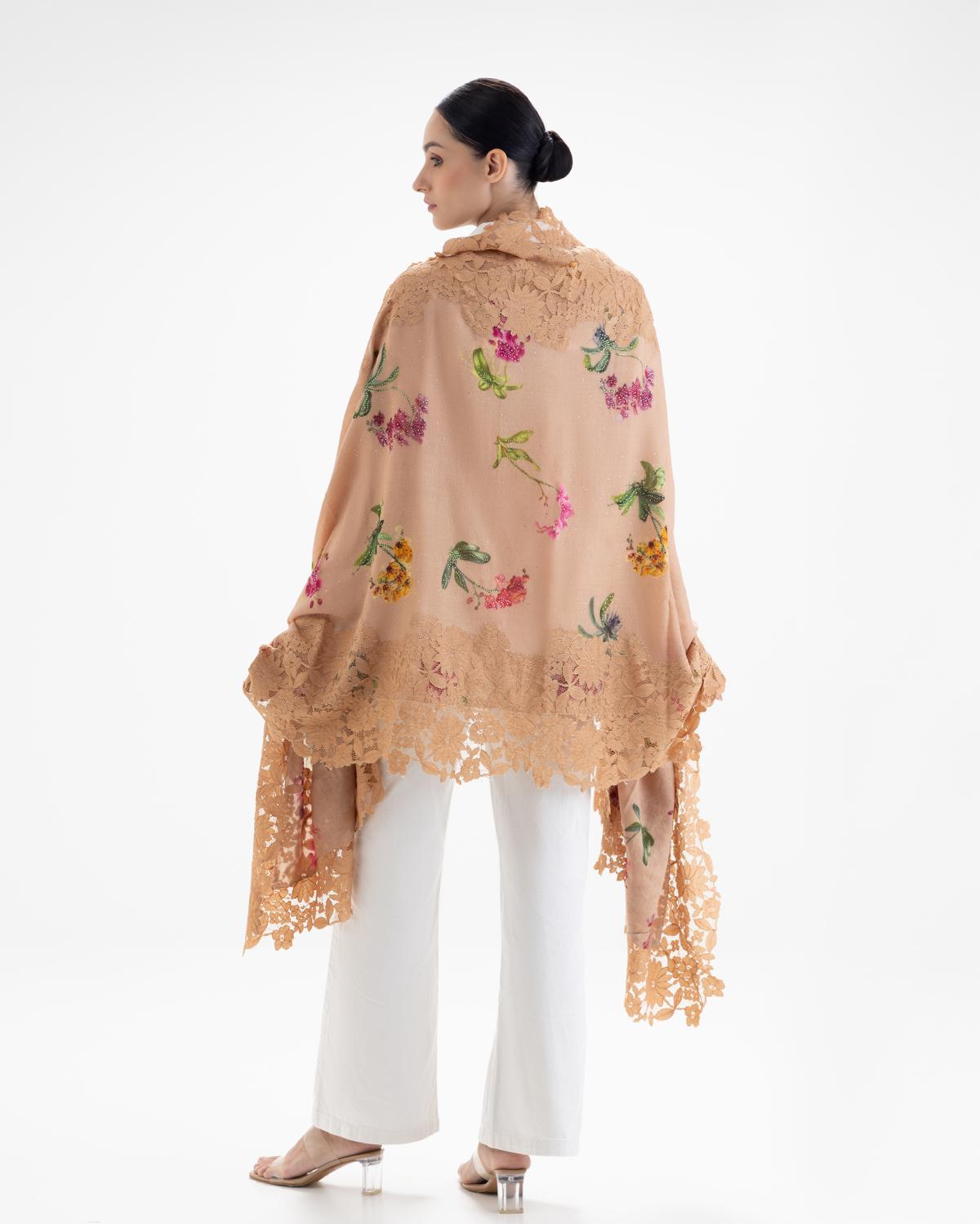 QUEENMARK | AN Assorted Lace Print Crystal Shawl Peach