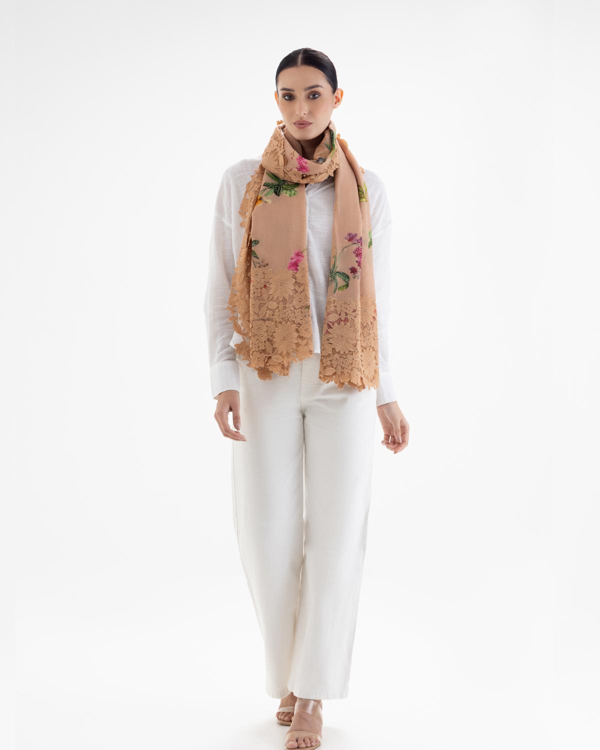 QUEENMARK | AN Assorted Lace Print Crystal Shawl Peach
