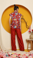 KANZI COLLECTION | Red Cheongsam Flower Vest With Pant Set