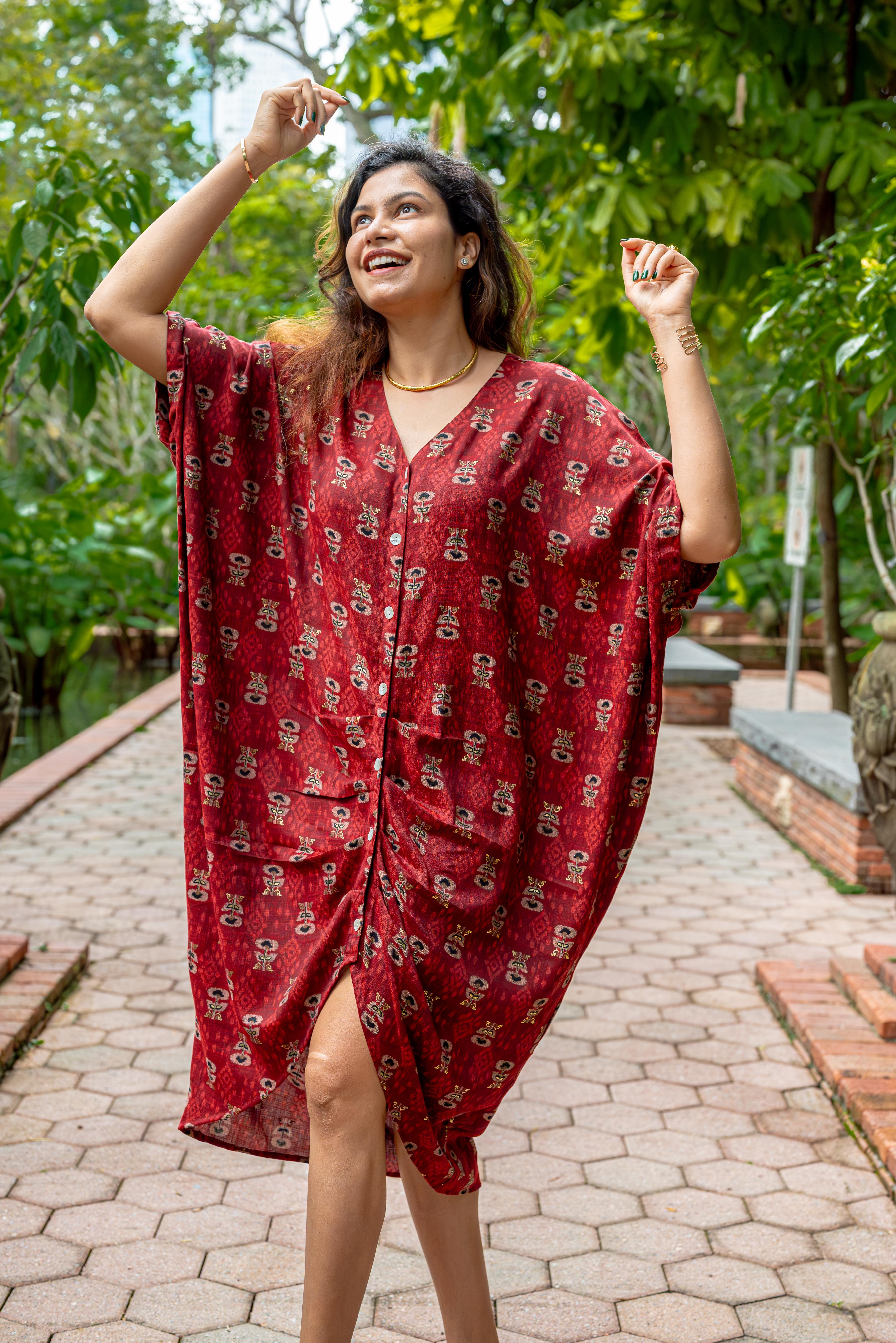NIMBU | Mira Women's Maroon Flowy Shirt Dress in Cotton