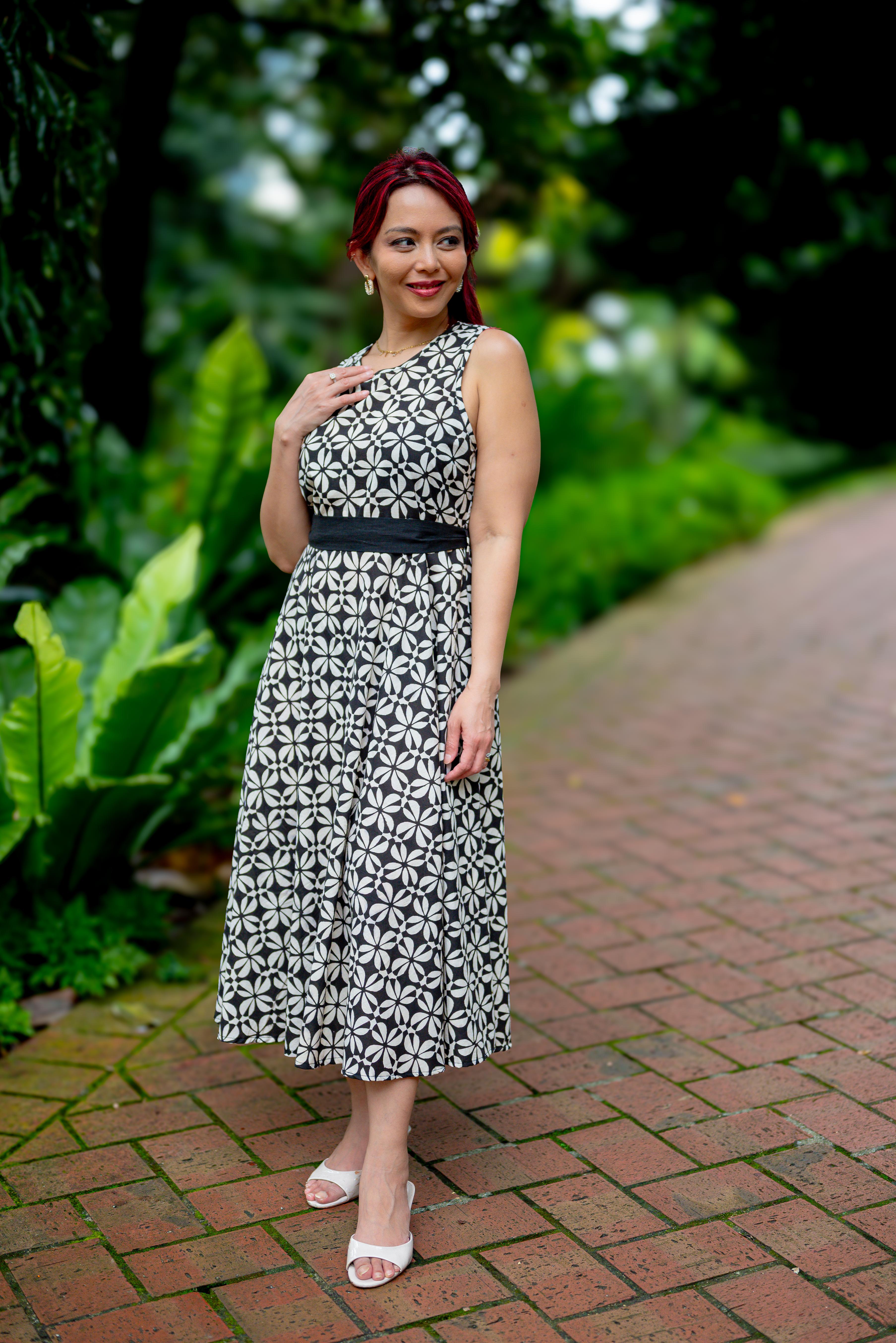 NIMBU | Elena Women's Flowy Dress with Belt in Black and White